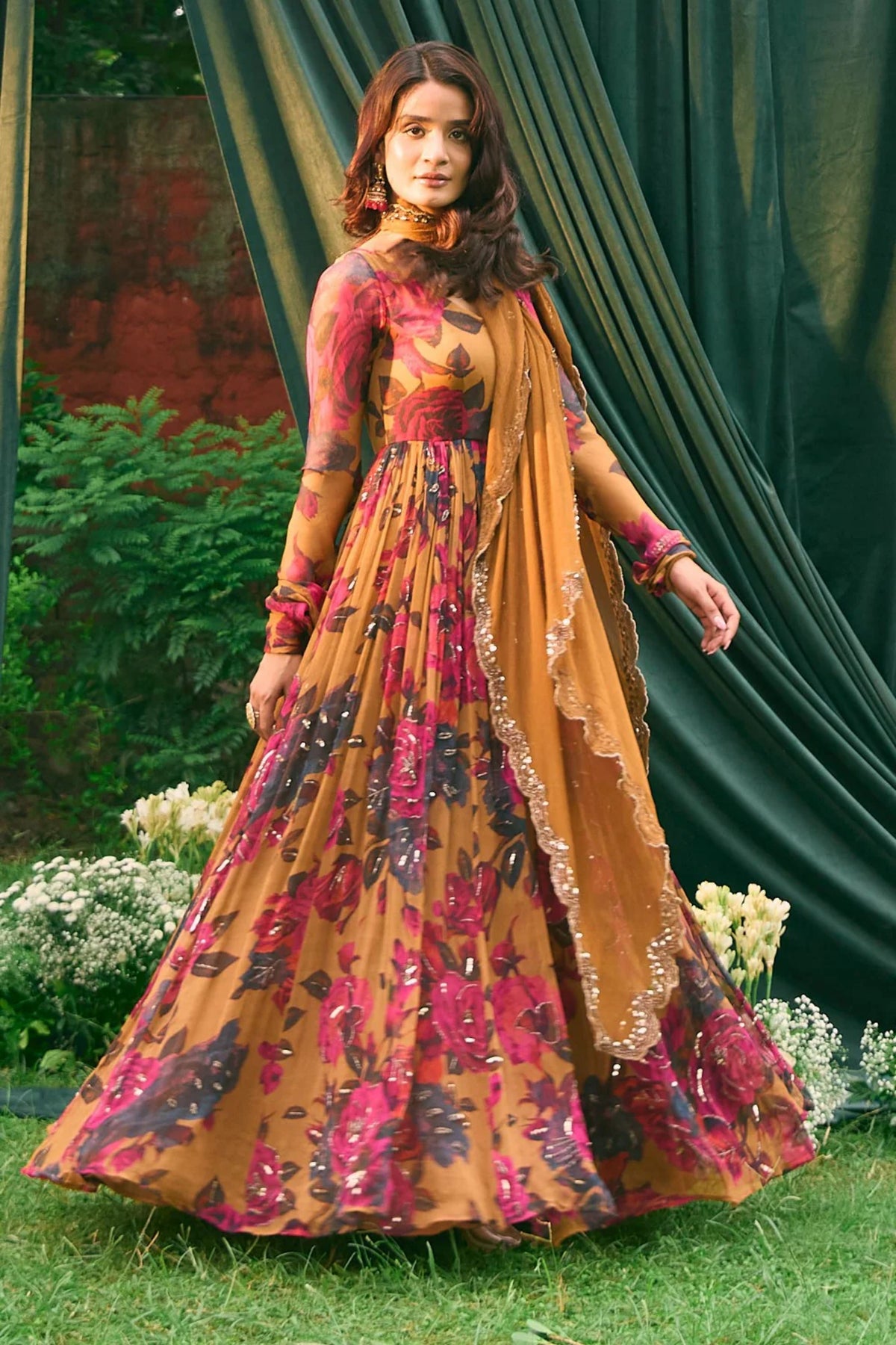 Mustard Floral Anarkali Set