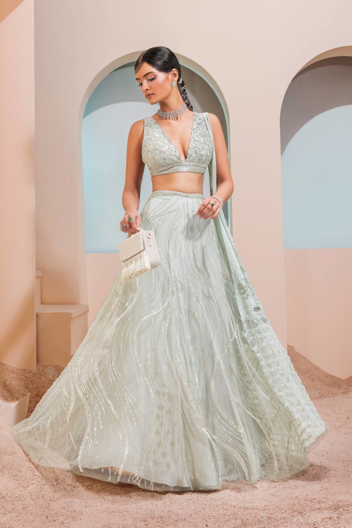 Mint Green Waves Lehengas