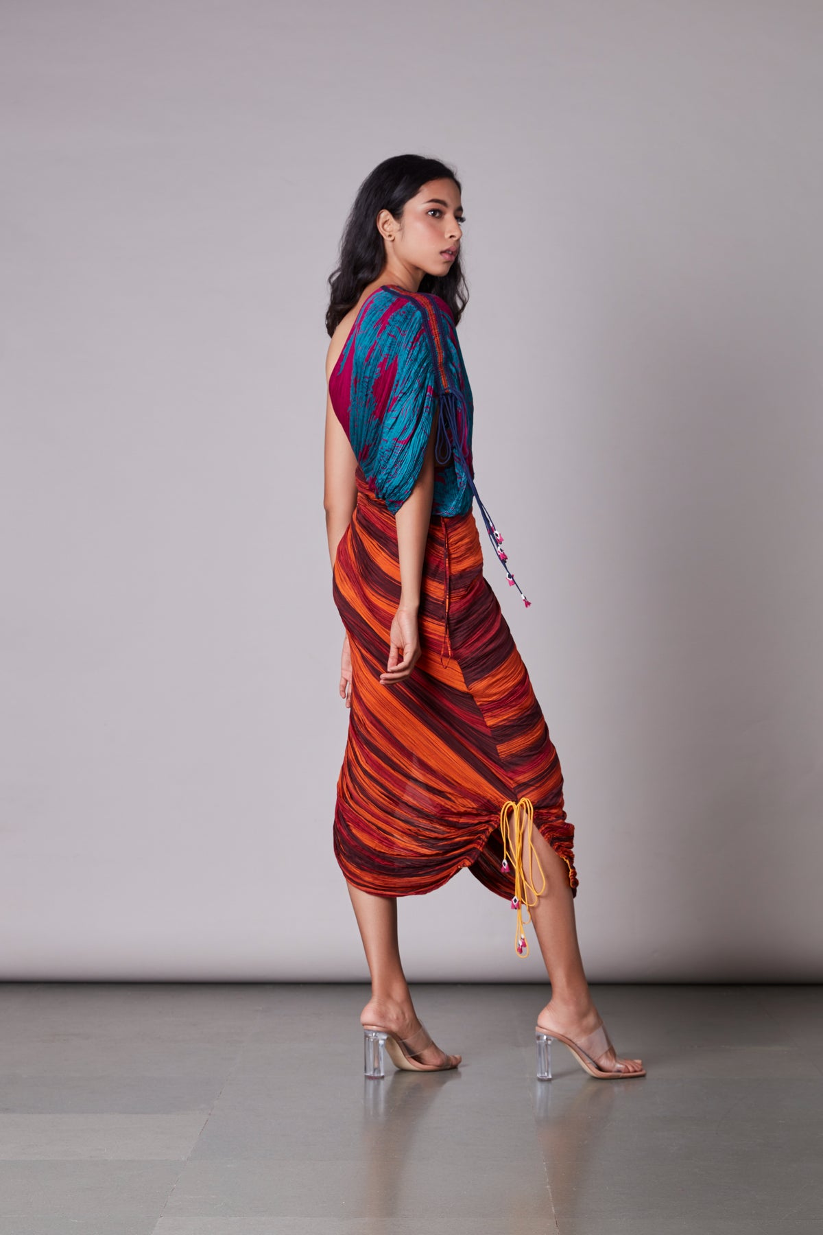 Scartch and stripe print sari dress