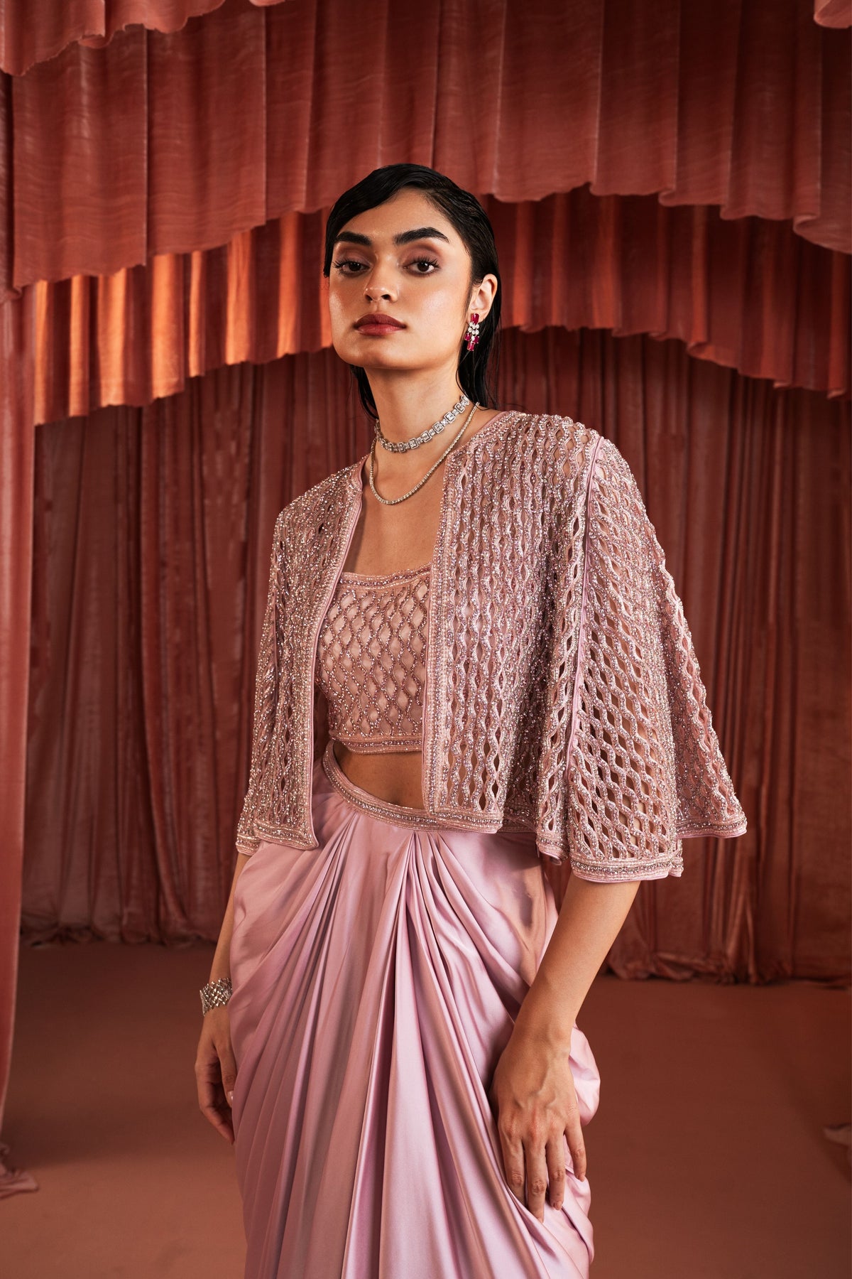 Pink Embroidered Cape Set