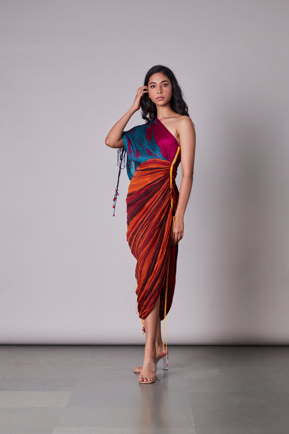 Scartch and stripe print sari dress