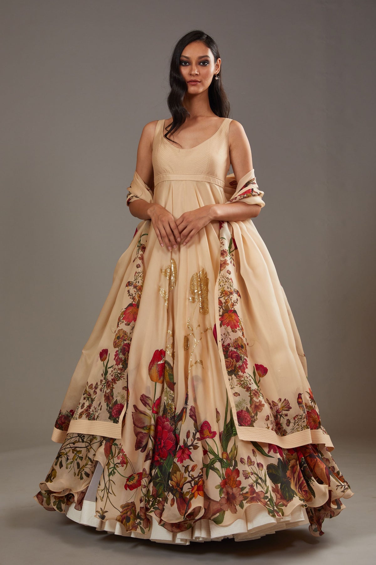 Beige Printed Anarkali Set