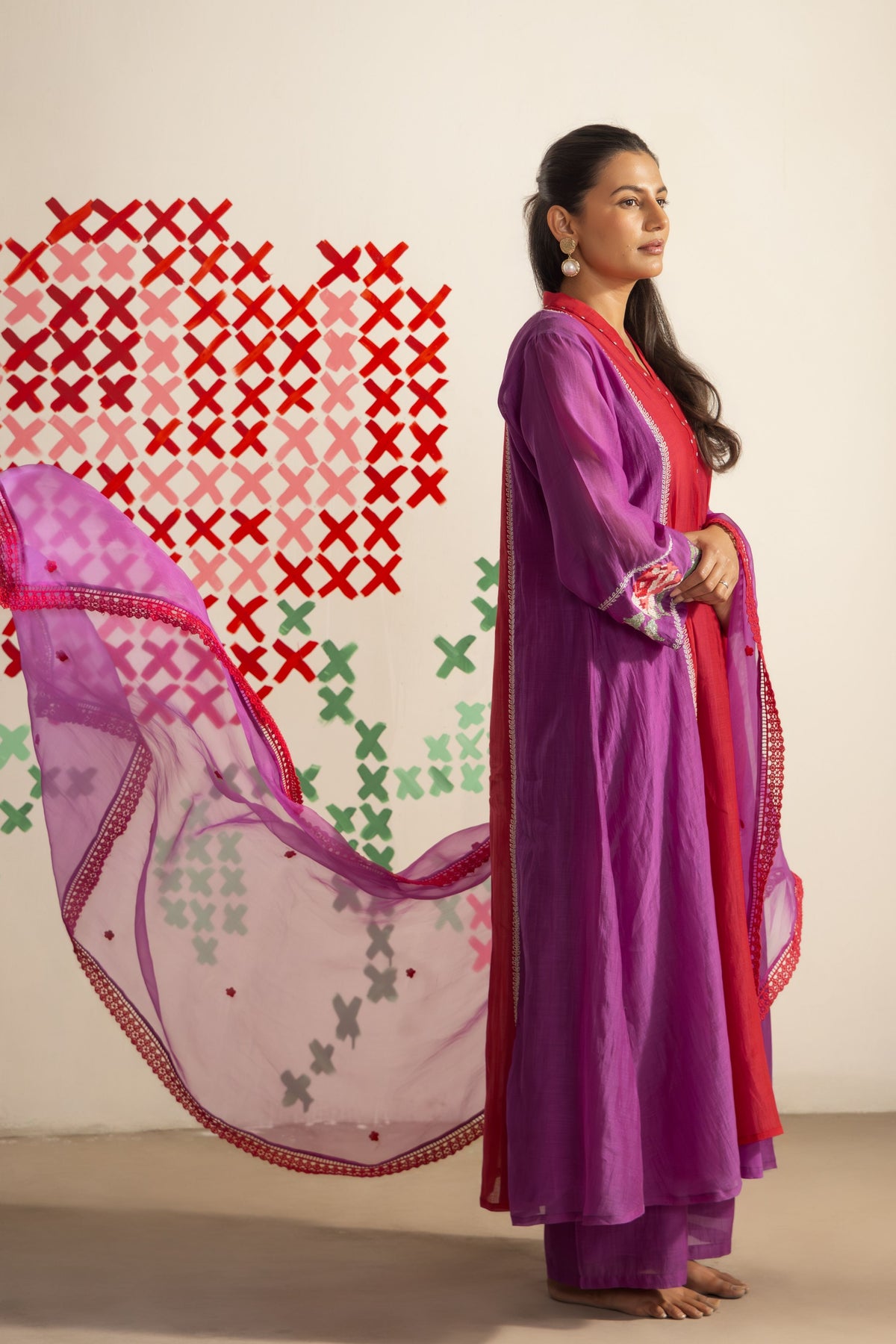 Red Purple Petal Kurta Set
