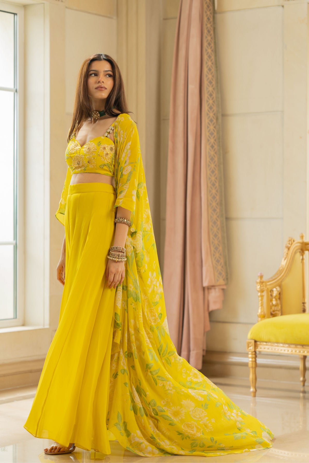 Lime Yellow Floral Printed Jacket Set