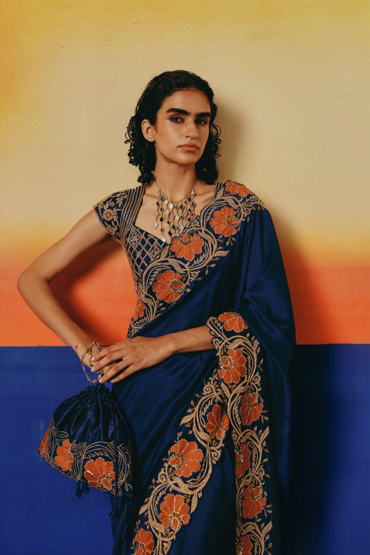 Navy Floral Saree Set