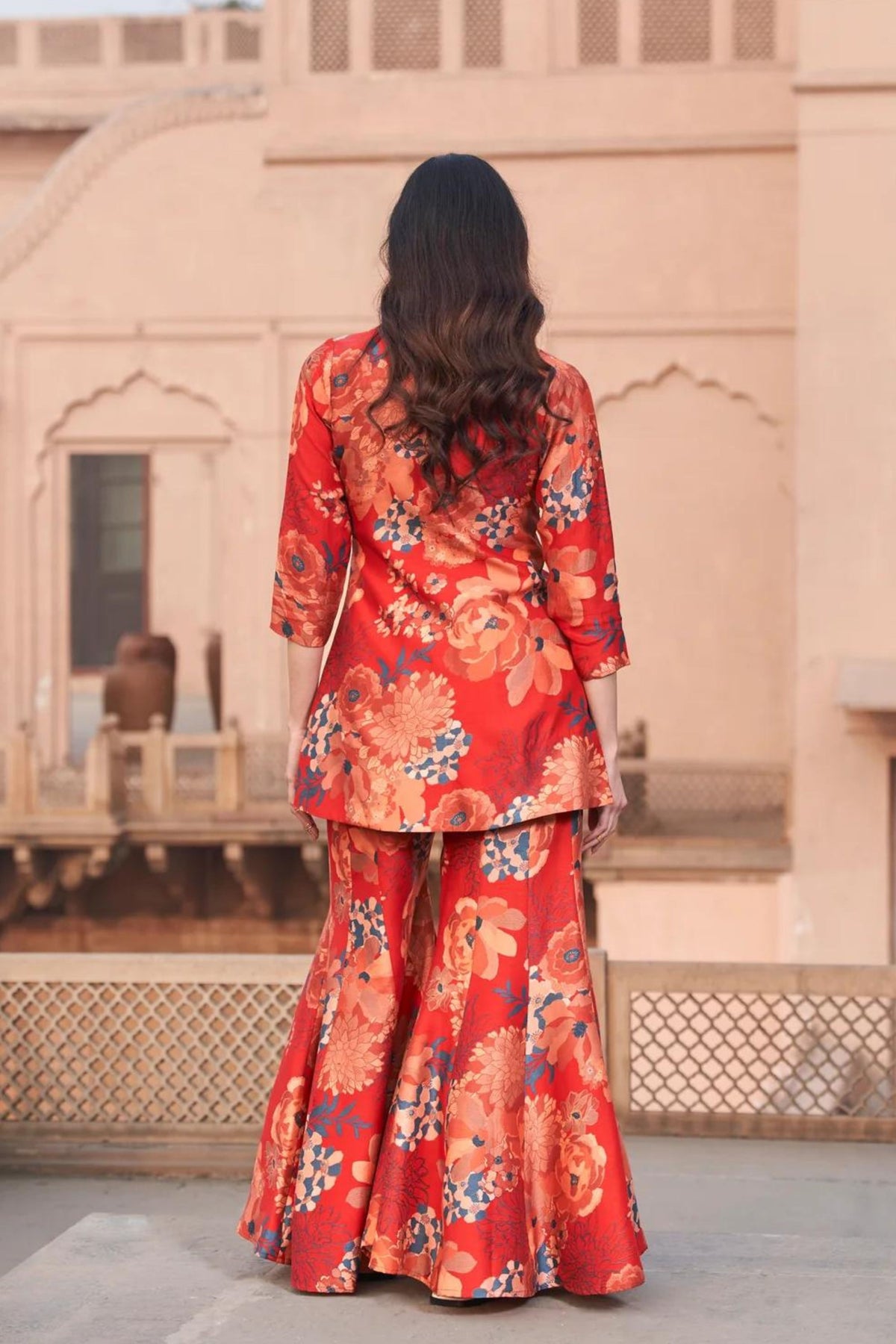 Red Moroccan Zari Buta Jacket Sharara Set