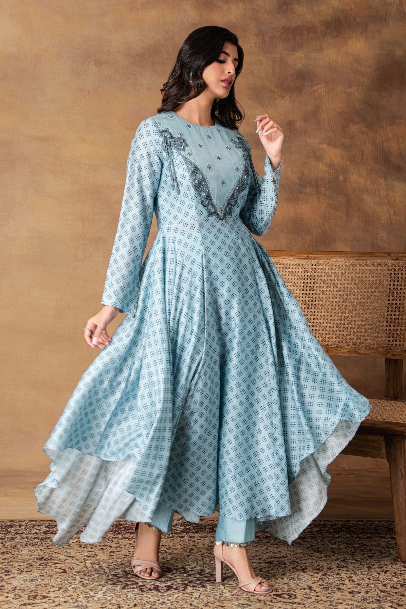 Powder Blue Asymmetric Kurta Set - Isha Gupta Tayal - Elahe