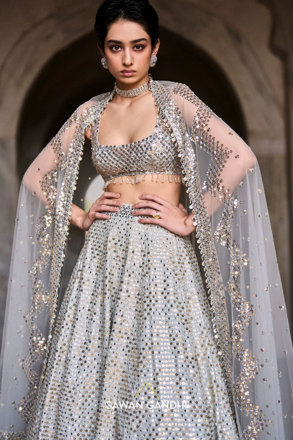 Ice Blue Sequins Lehenga Set