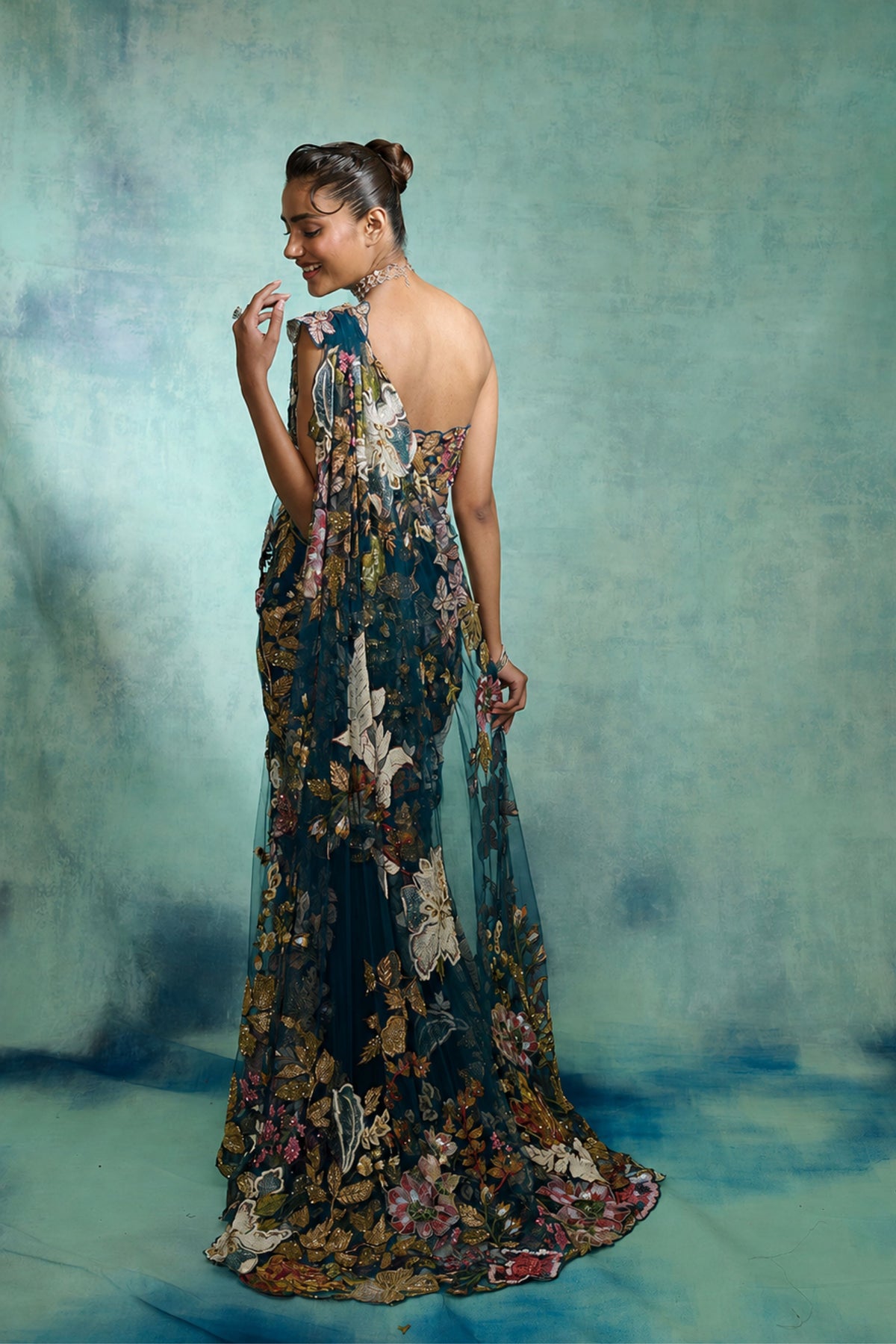 Ethereal Bloom Navy Blue Trail Saree