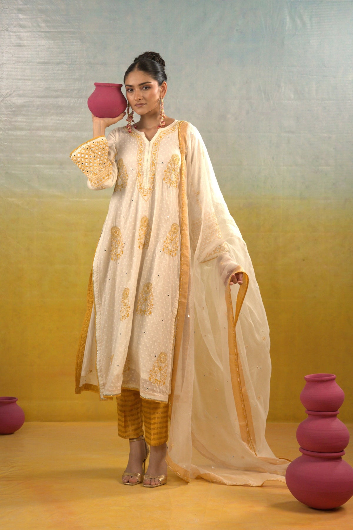 Chanderi Dotted Silk Kurta Set