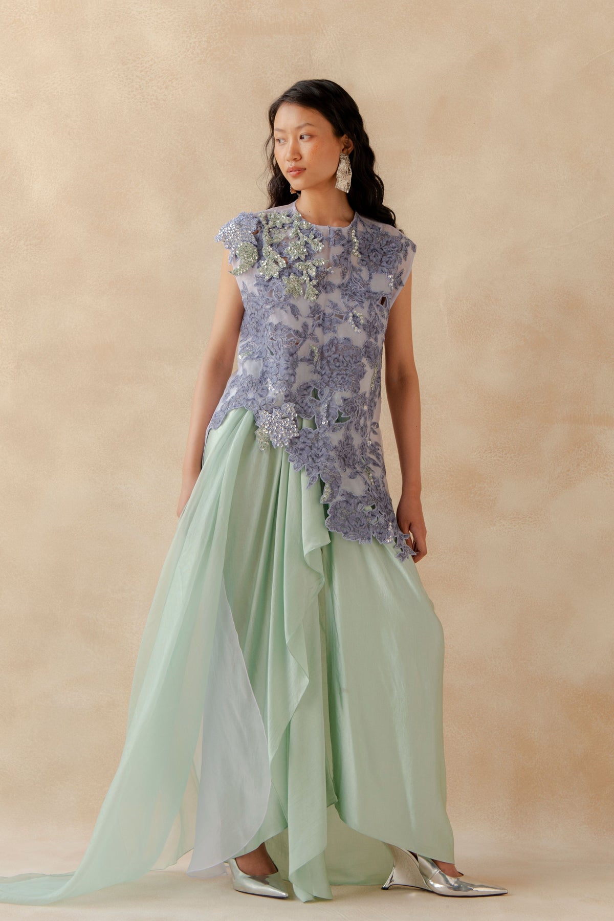 Embroidered Overlay Bustier Drape Skirt