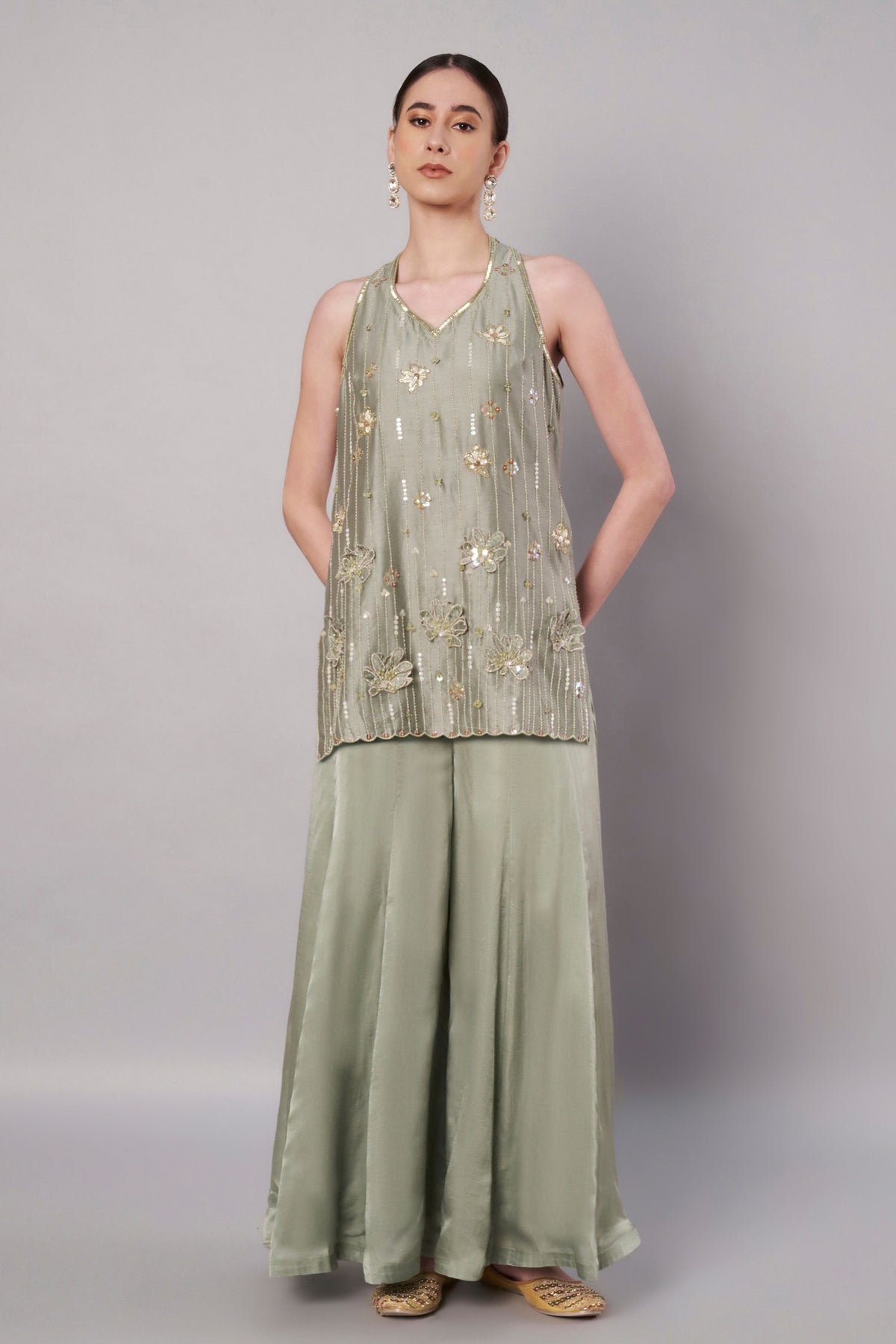 Florale Halter Moss Green Suit Set