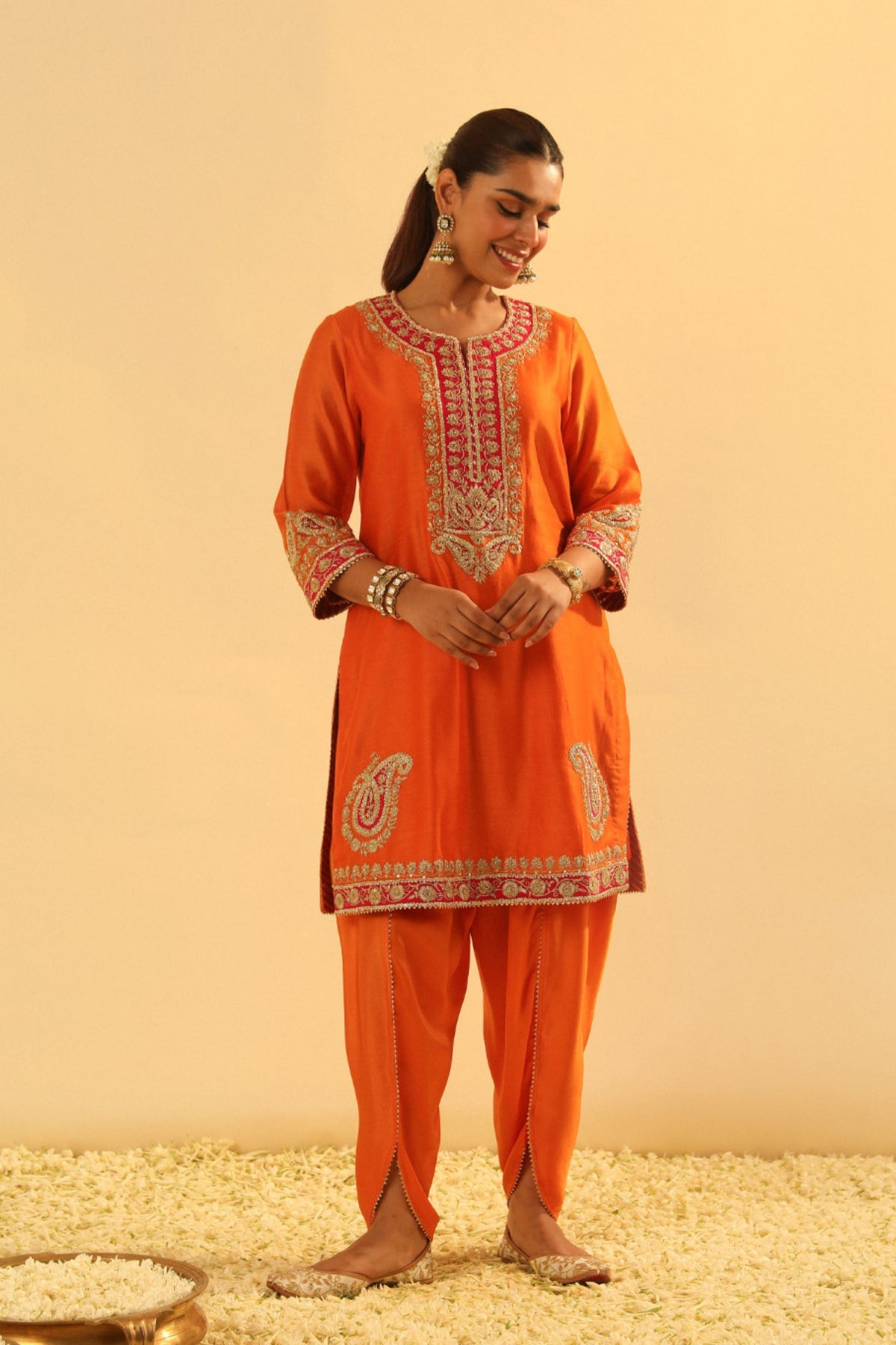 Anjum Short Orange Kurta With Dhoti