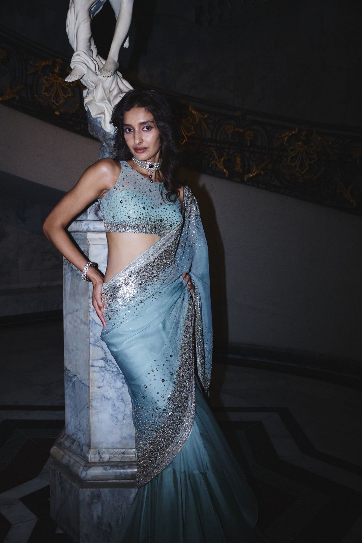 Sea Blue Draped Saree Set
