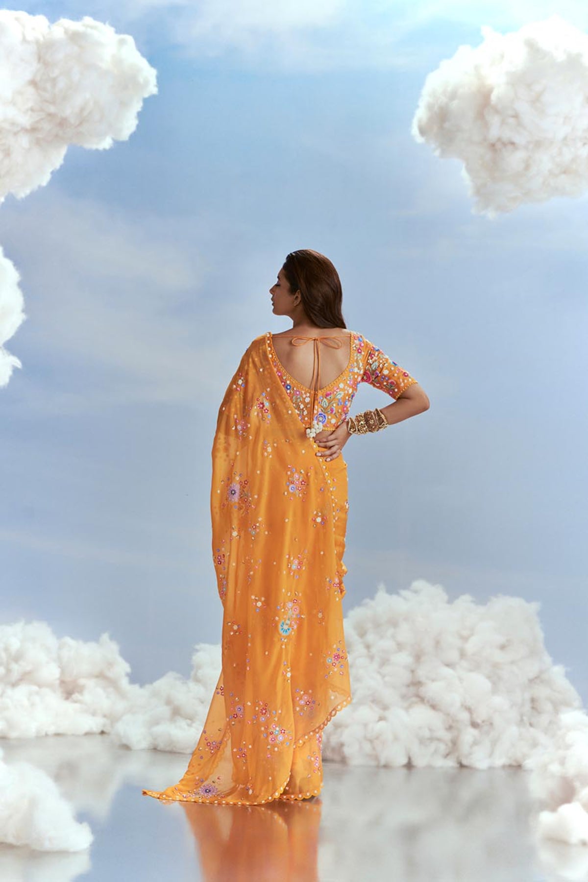 Yellow Izmir Carnations Saree Set