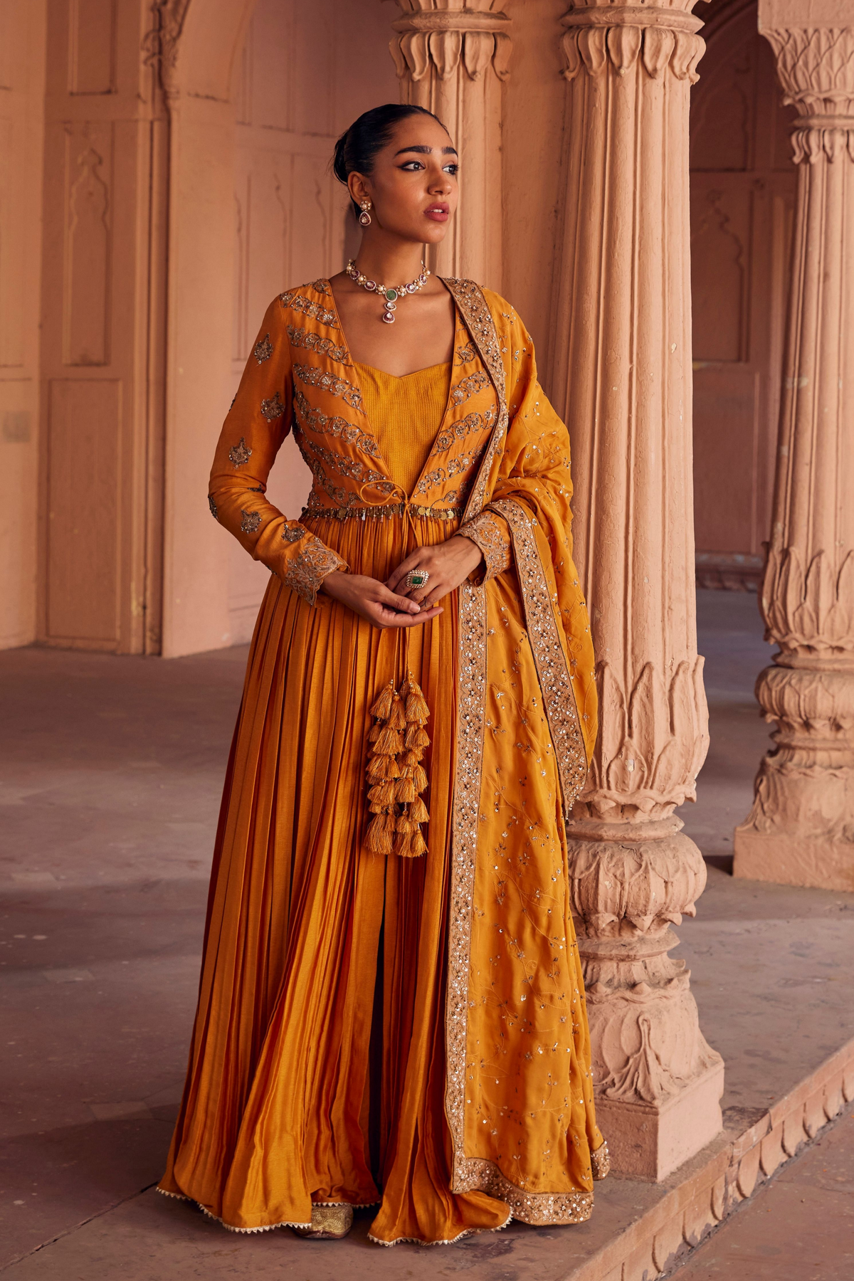 Bhoomi Mustard Front Open Anrakli With Handcrafted Detailing