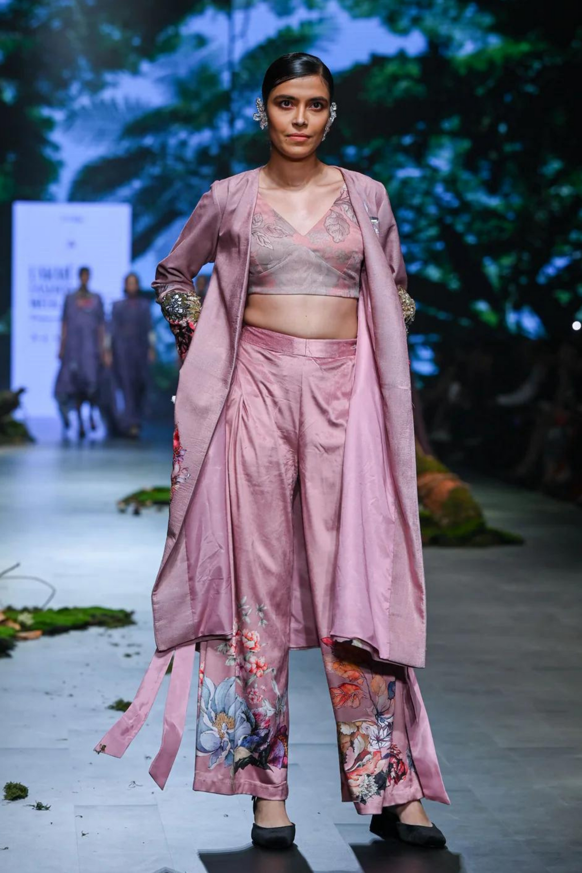 Pink Printed Long Jacket Set