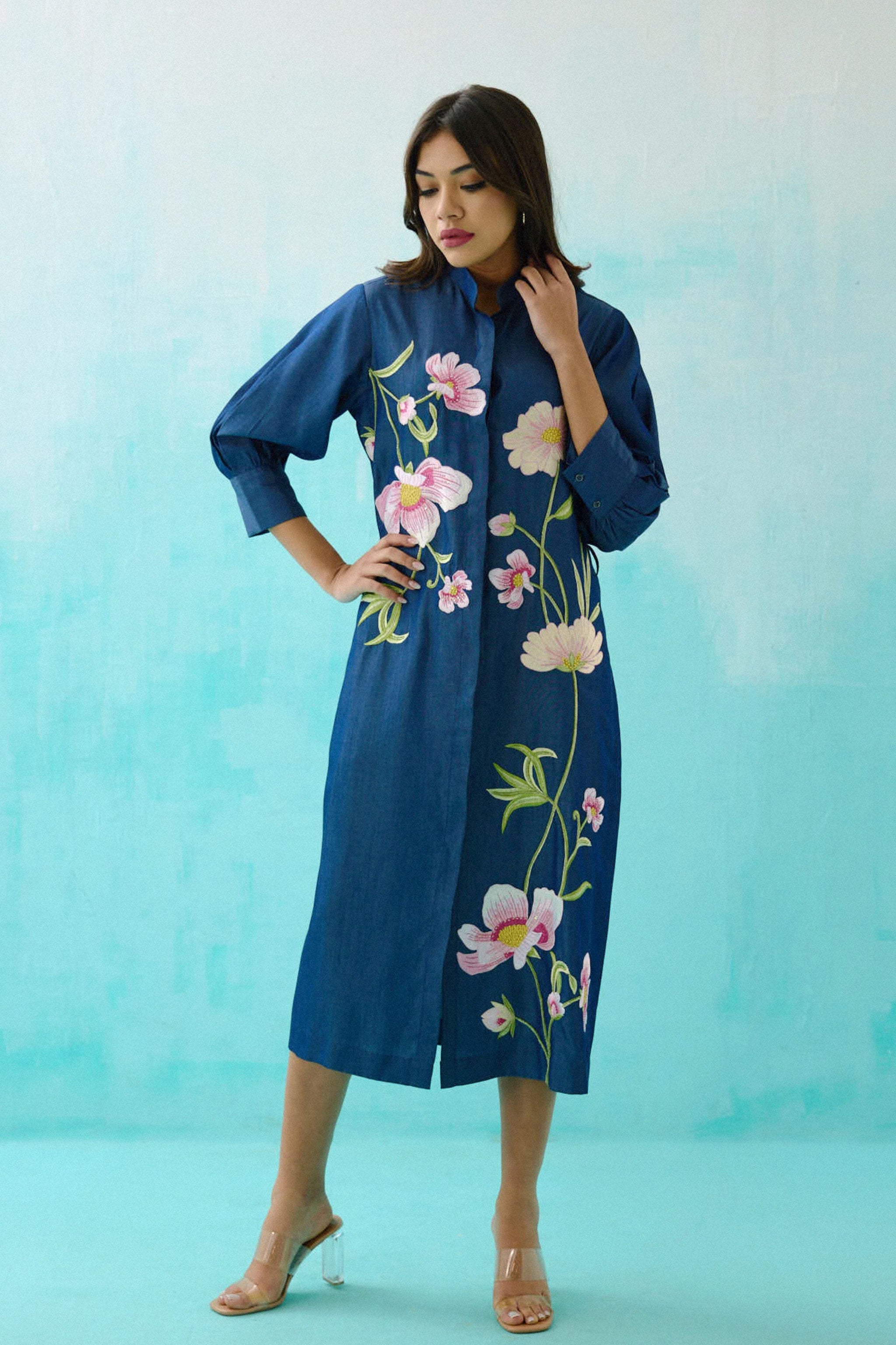 Denim Floral Embroidered Shirt Dress XL Denim Floral Embroidered Shirt Dress XL