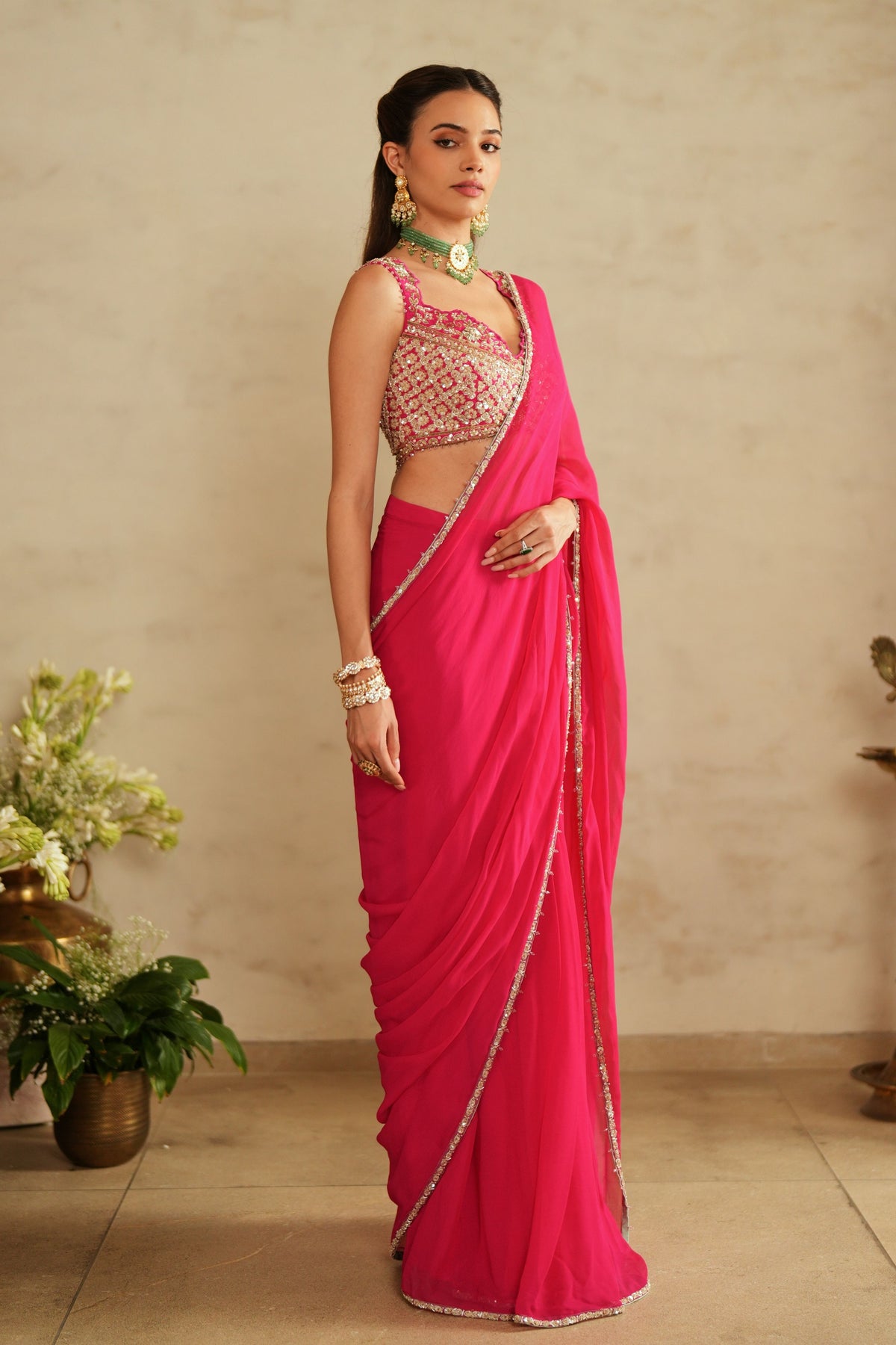Hot Pink Pre Draped Saree