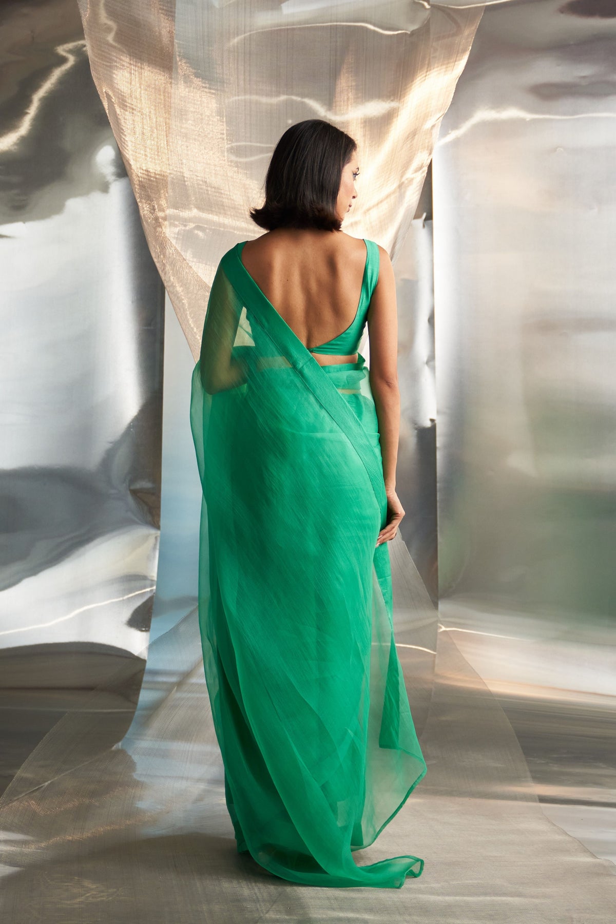 Green Saree Sleeveless Blouse Set