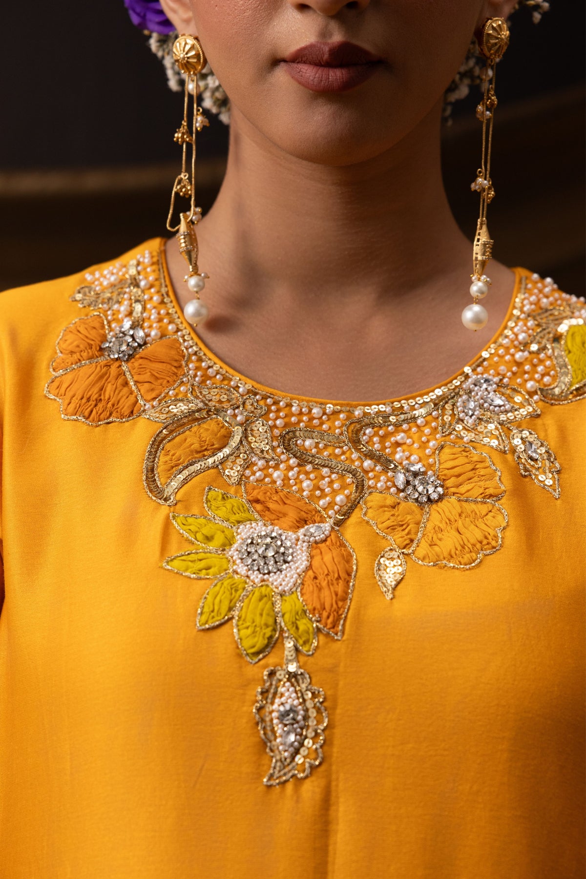 Orange  3D Motif Kurta Set