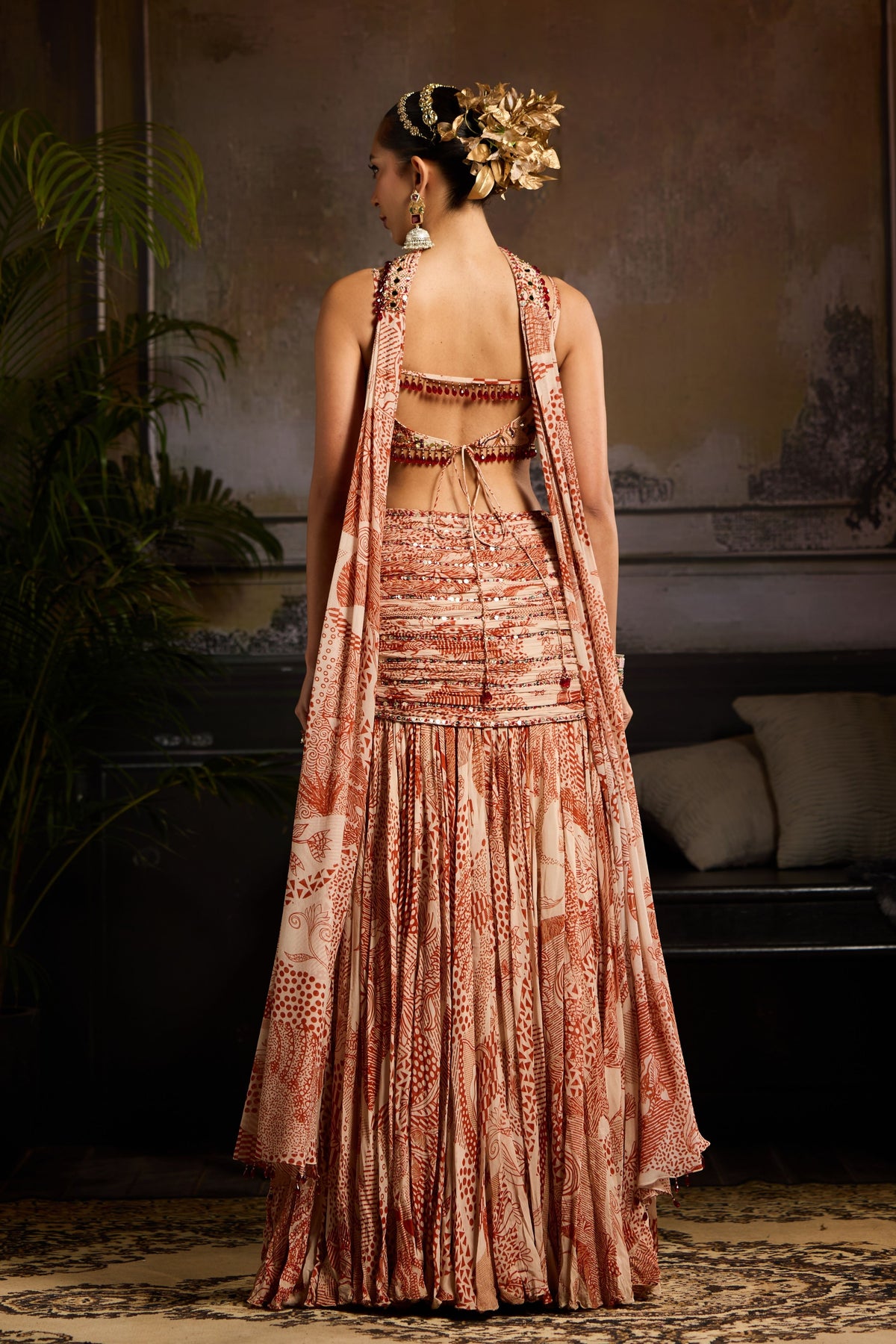 Beige and Rust Printed Lehenga Set