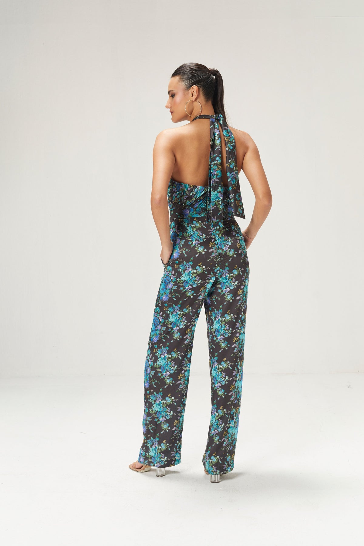 Teal Blue Printed Halterneck Jumpsuit