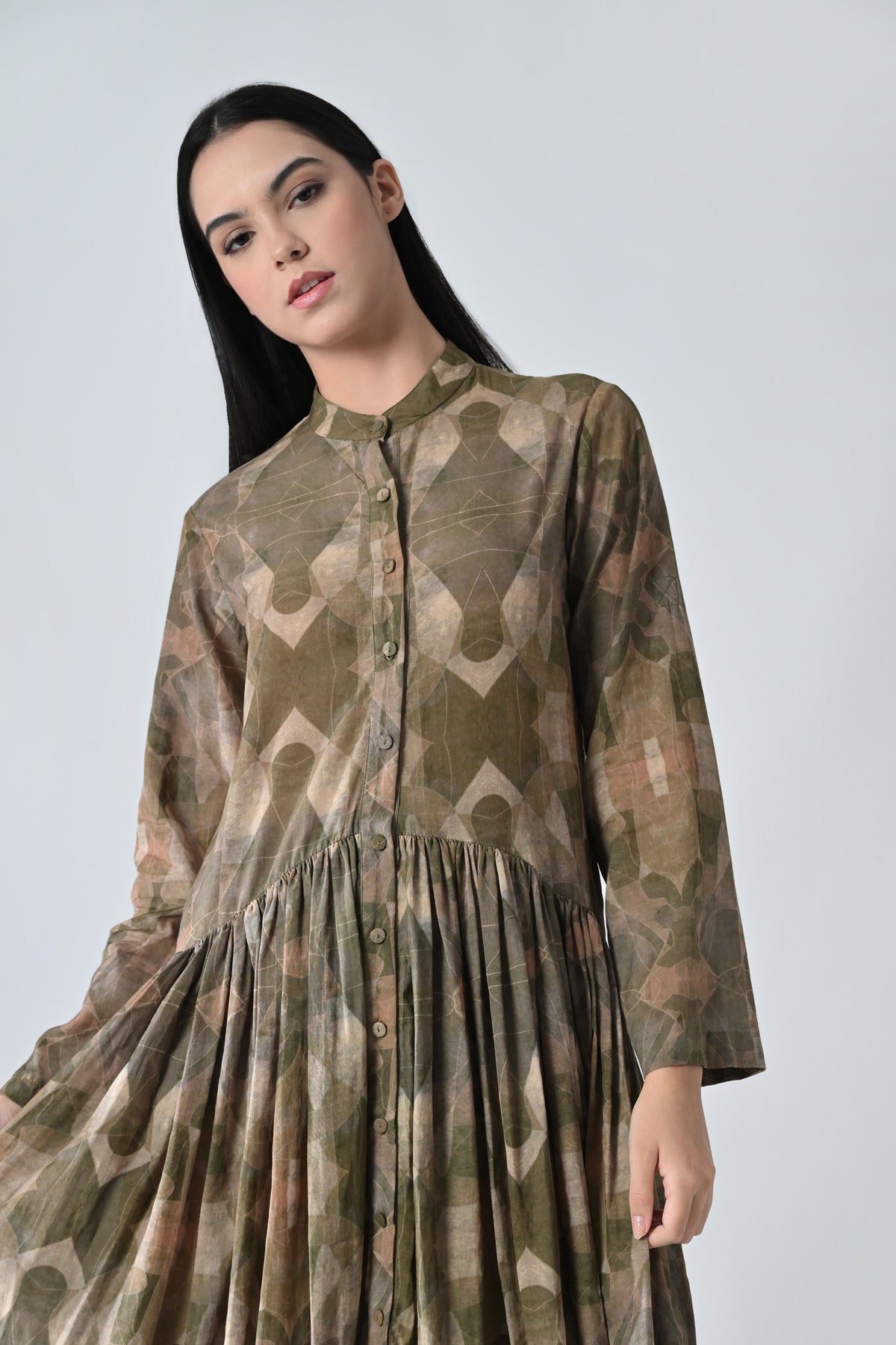 Beige Printed Pleated Dress