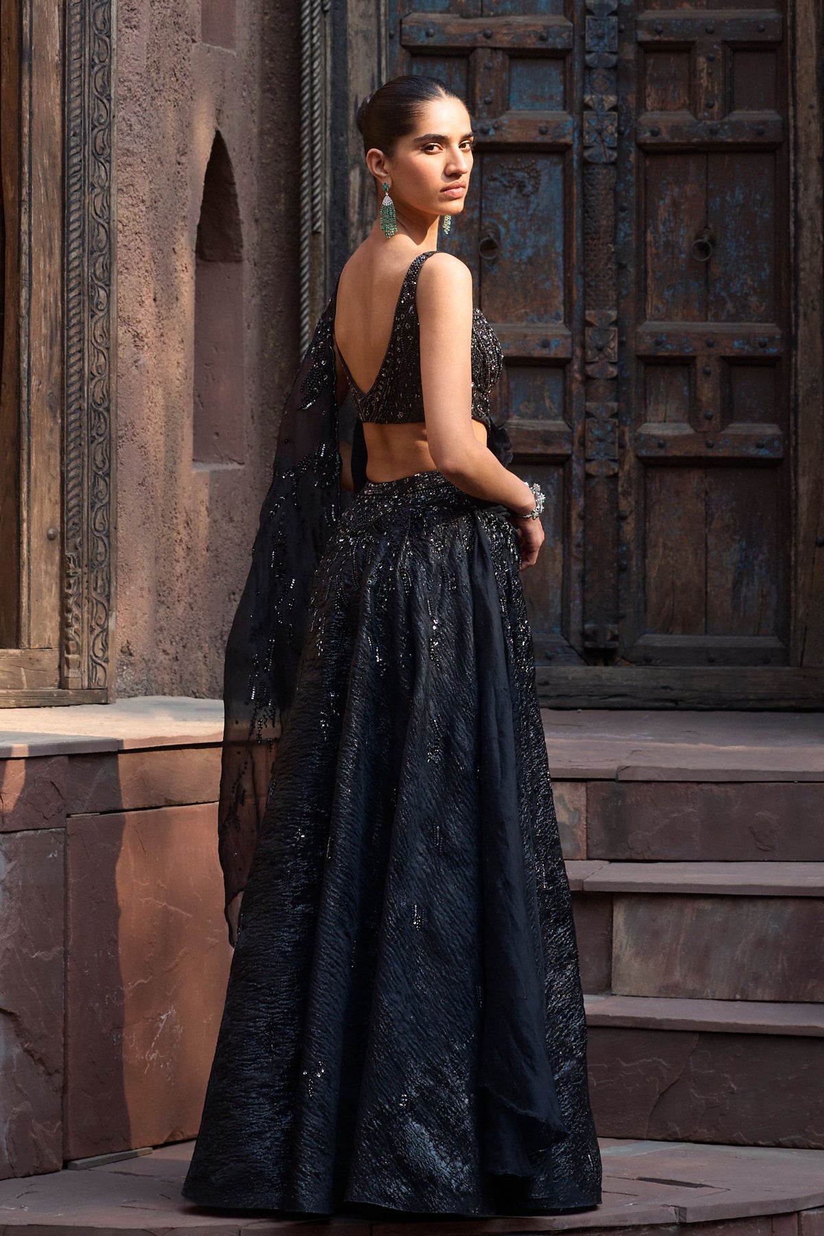 Starlit Charcoal Drape Lehenga Set