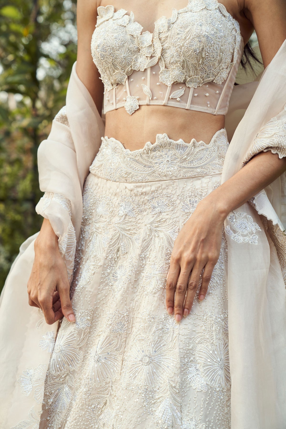 White Pearl Floral Lehenga