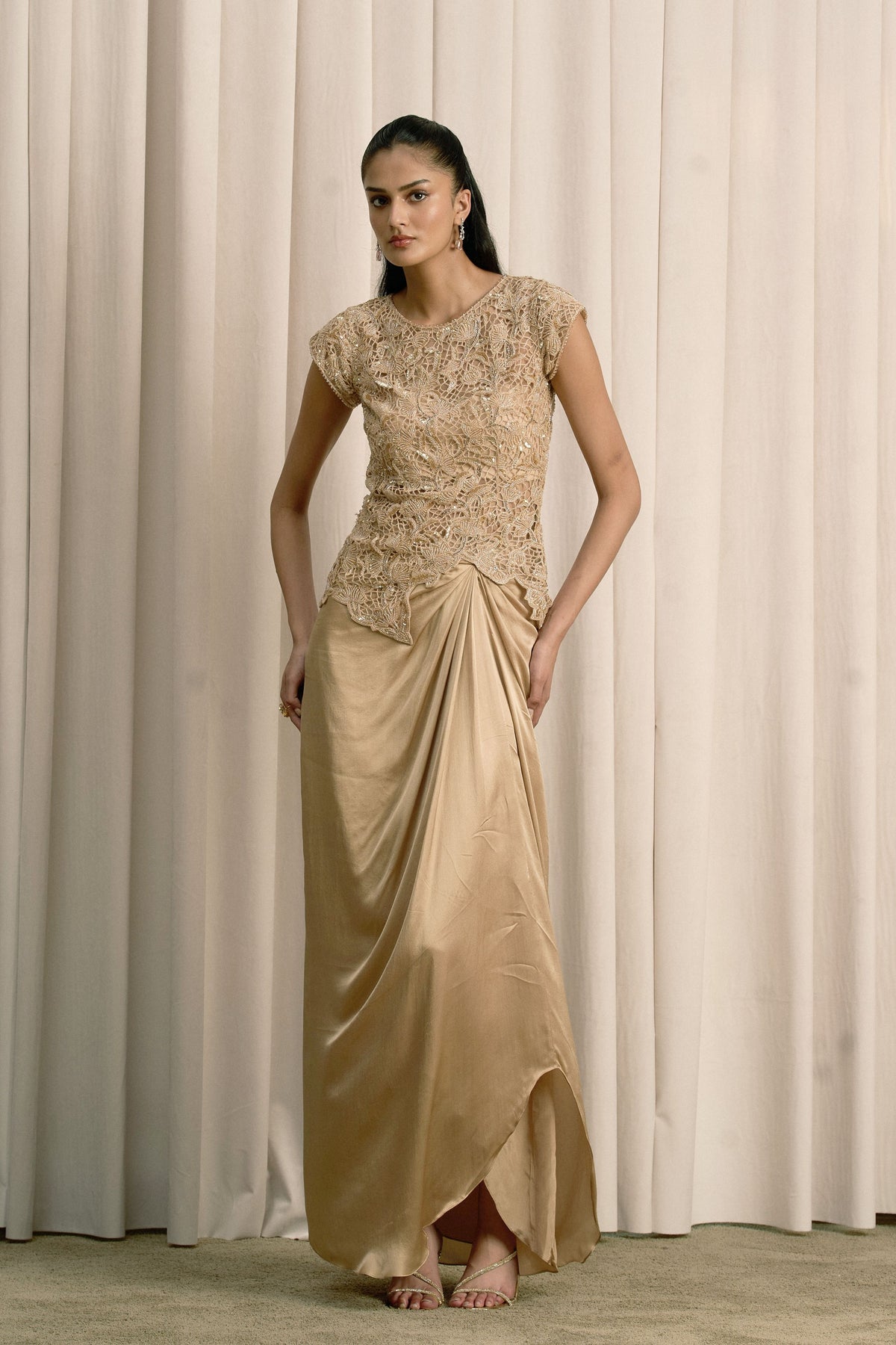 Beige Cutwork Pick-Up Skirt Set