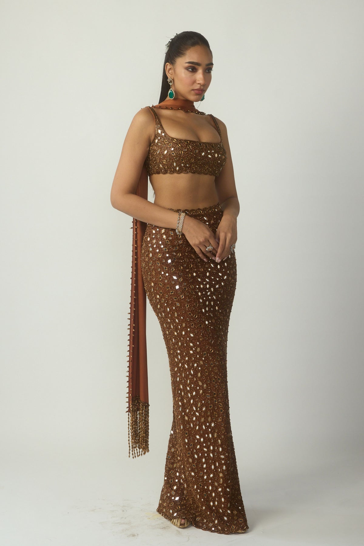 Metallic Copper Pencil Skirt Set