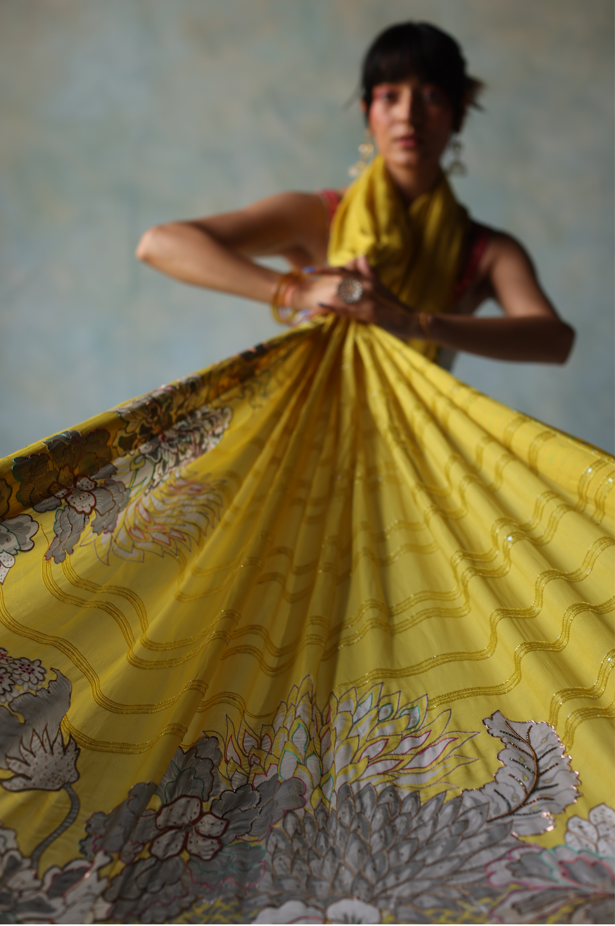 Gul Yellow Printed Stripe Crepe Sari