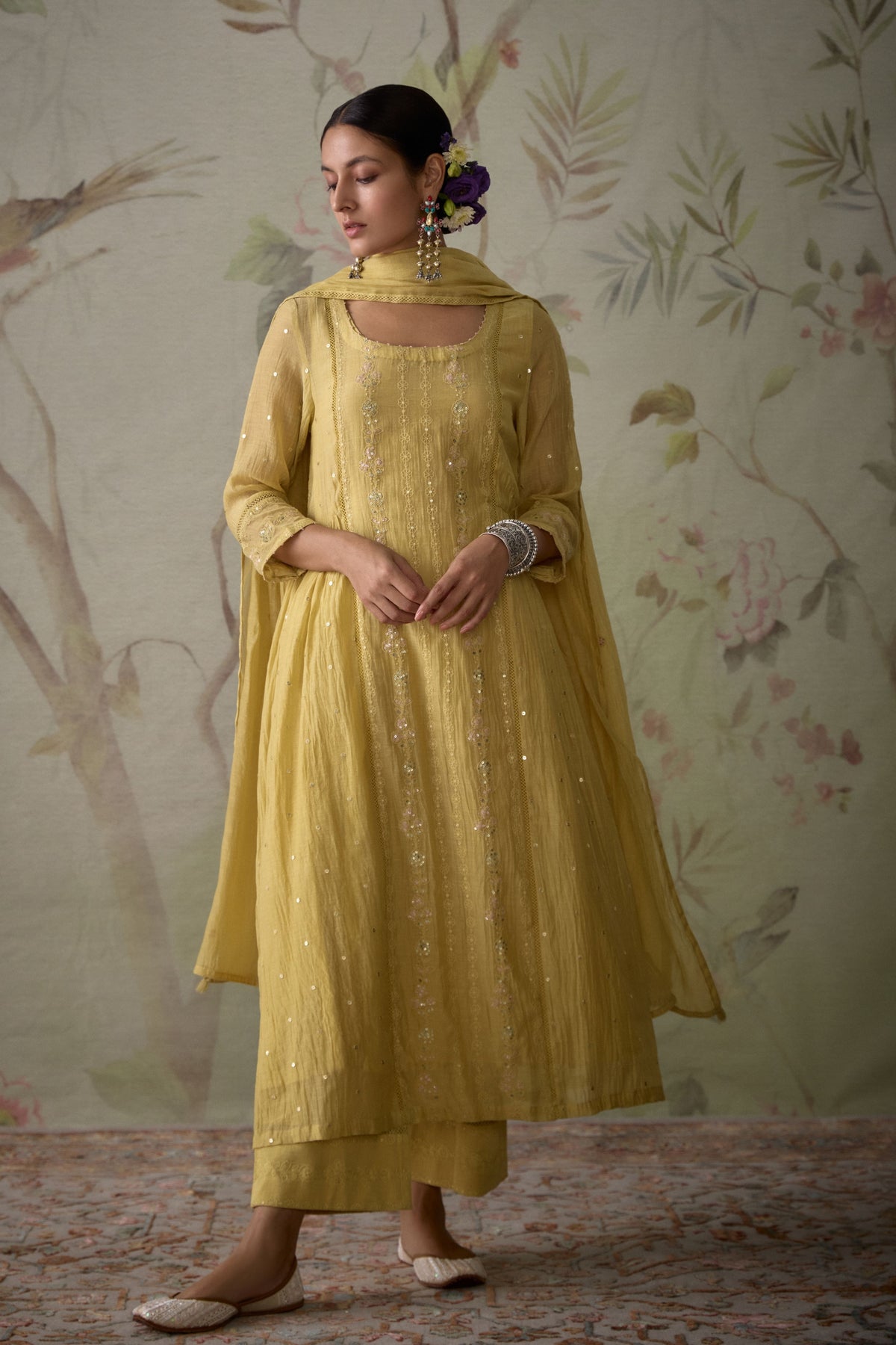 Lemon Yellow Panelled Kurta Set