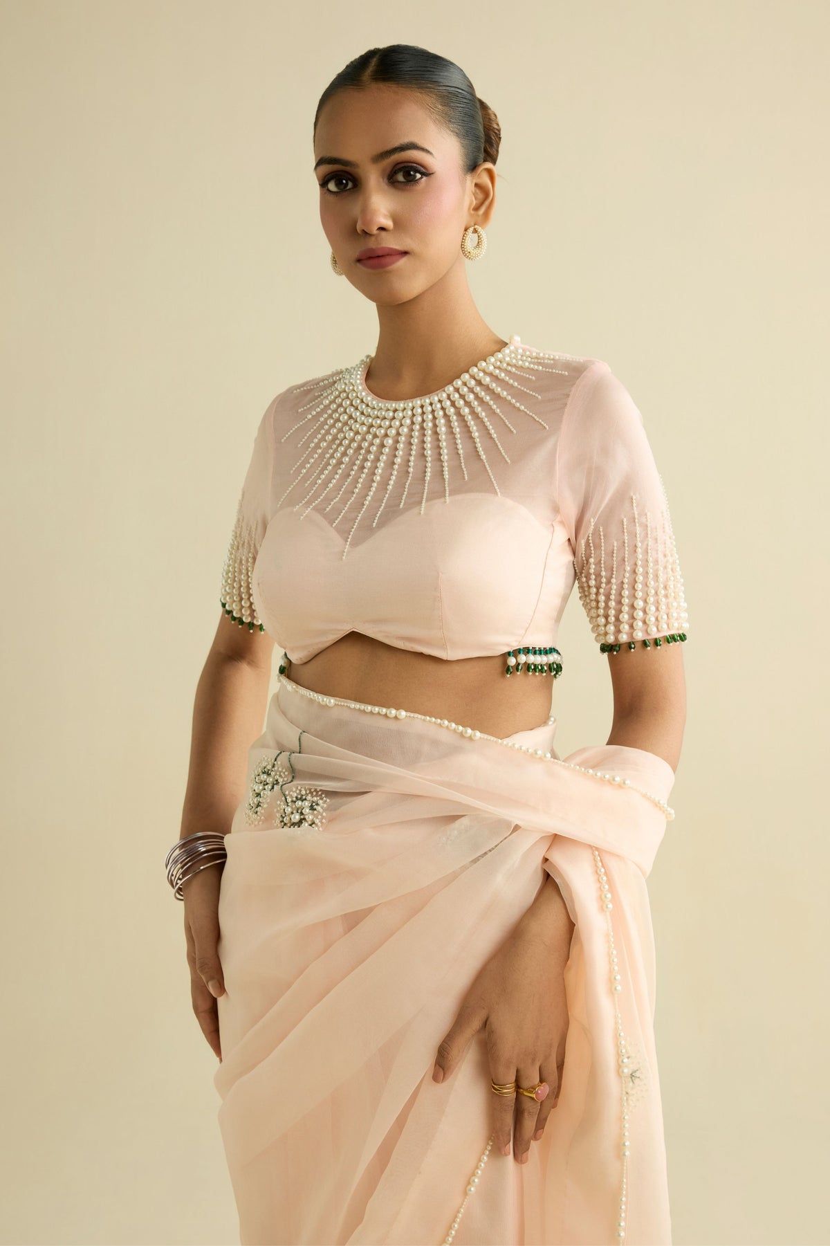Pink Embroidered Organza Saree Set