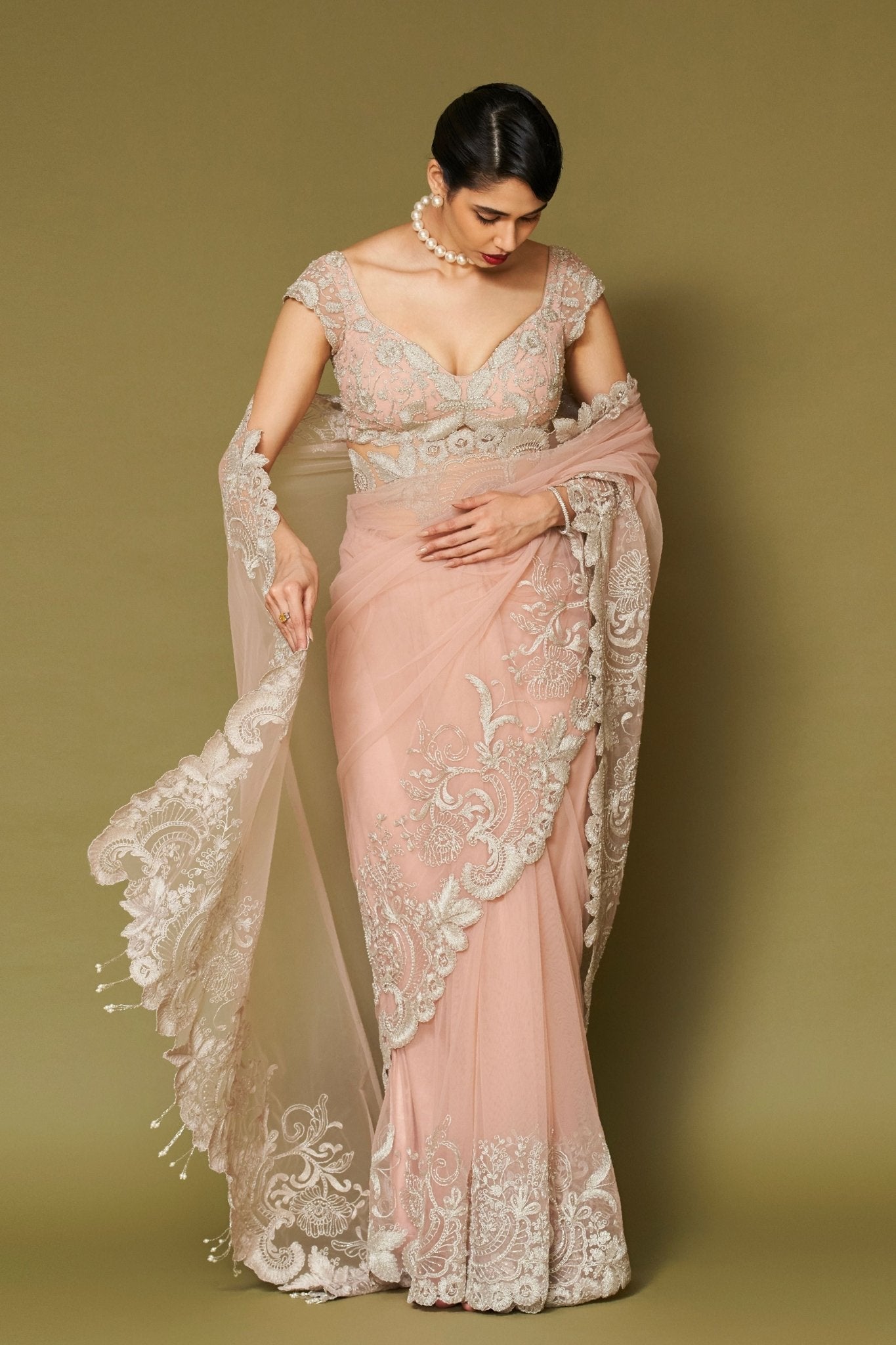 Blush Pink Embroidered Net Saree Set - Devnaagri - Elahe