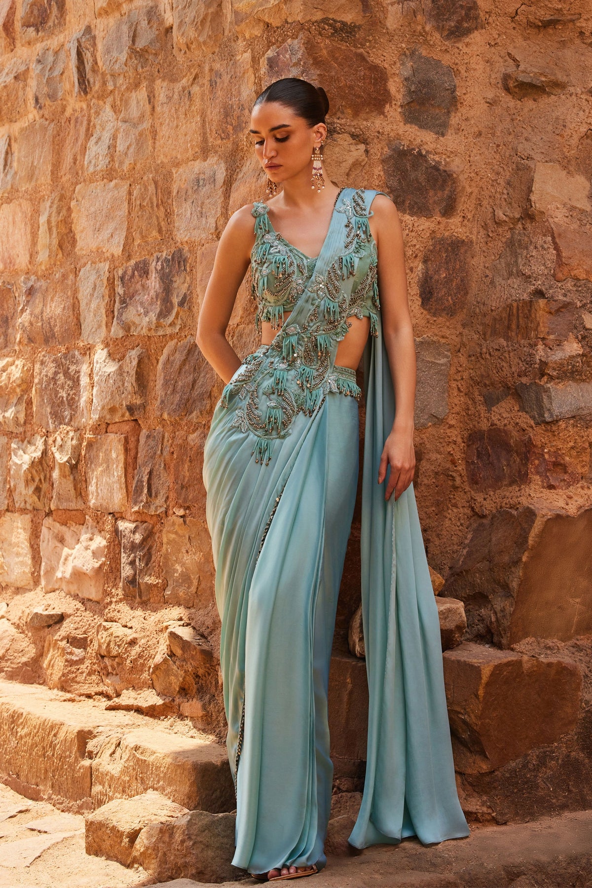 Aqua Draped Saree Set