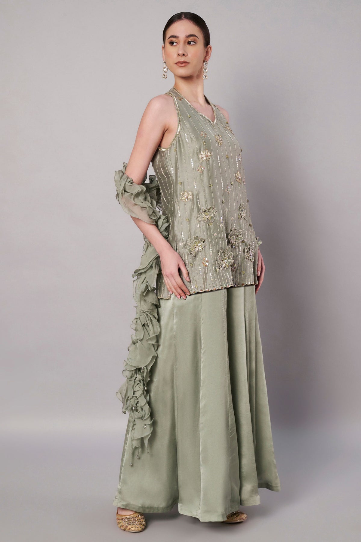 Florale Halter Moss Green Suit Set