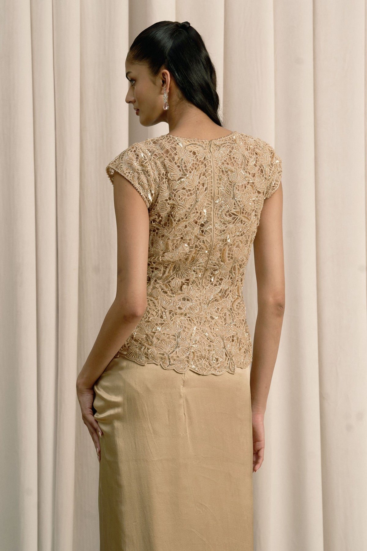 Beige Cutwork Pick-Up Skirt Set