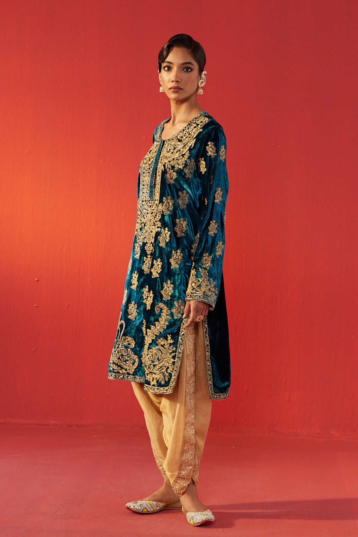 Teal Blue Velvet Kurta Set