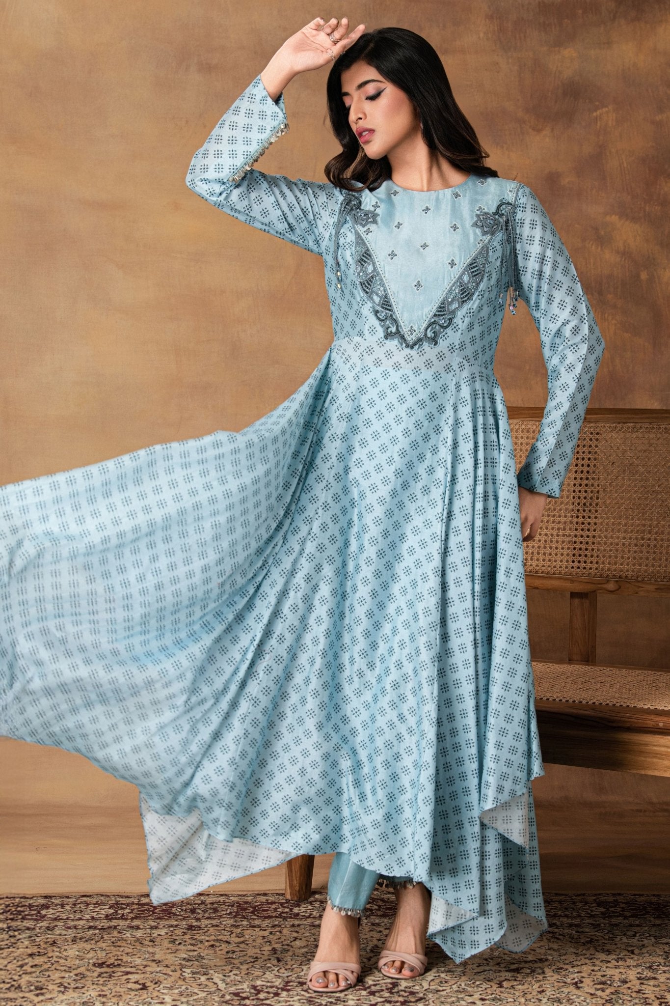 Powder Blue Asymmetric Kurta Set - Isha Gupta Tayal - Elahe