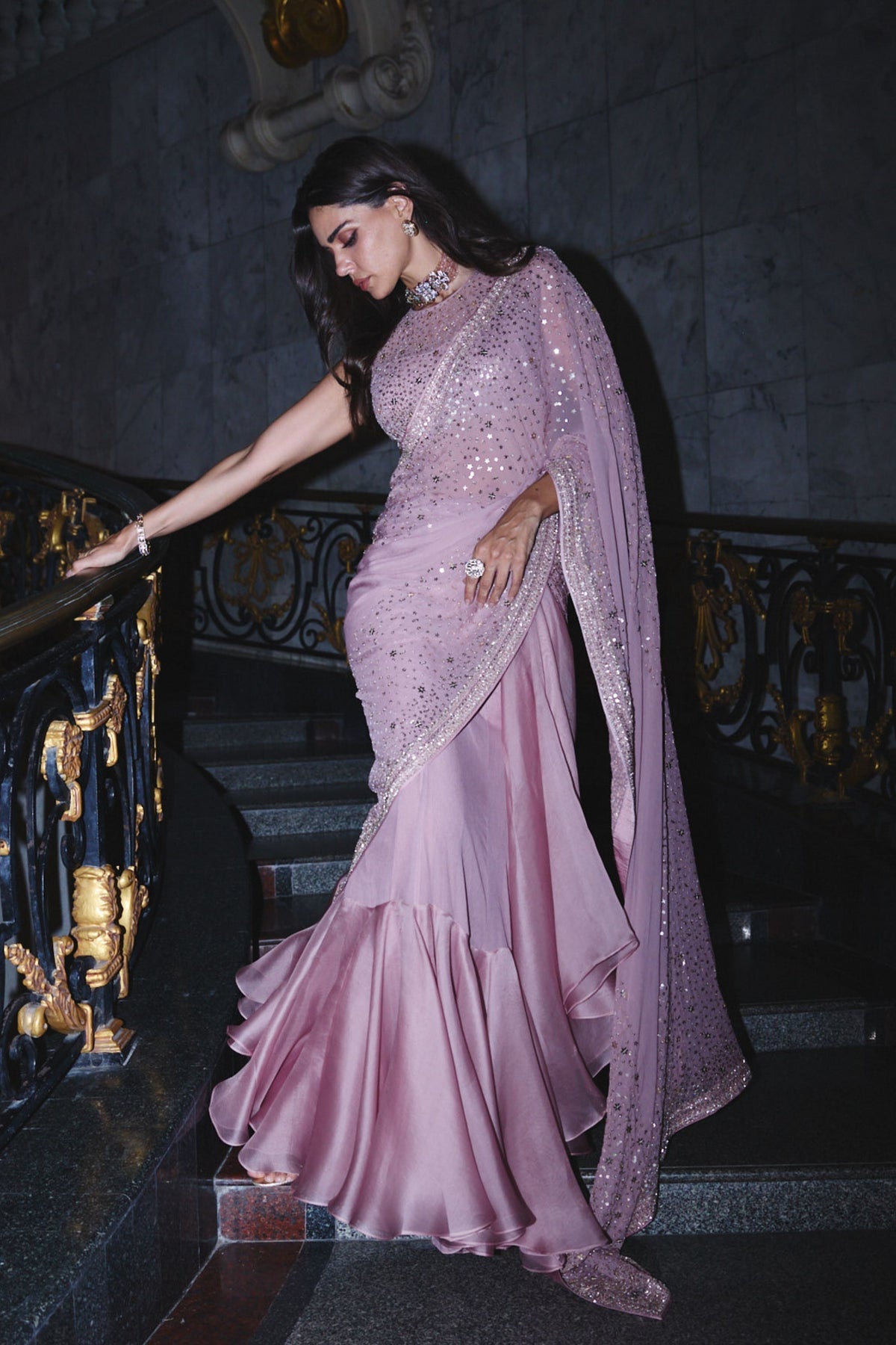 Pink Star Draped Saree Set