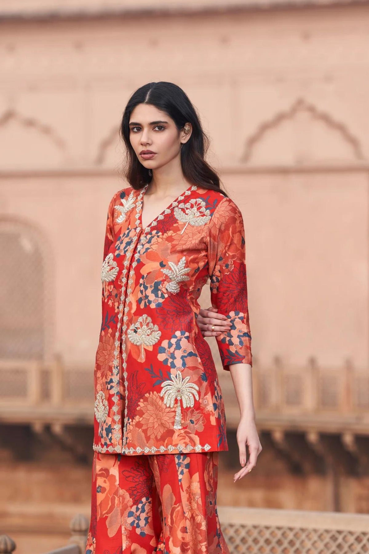 Red Moroccan Zari Buta Jacket Sharara Set
