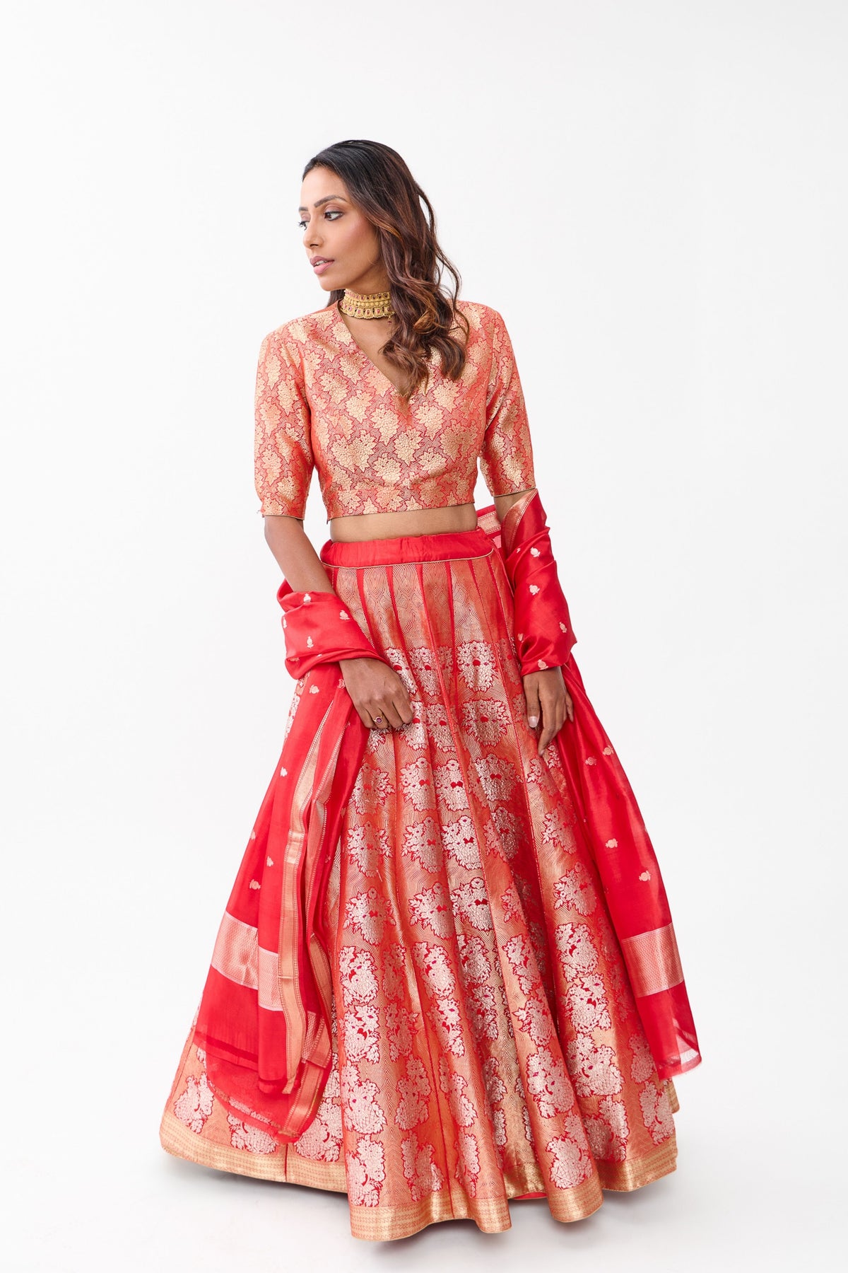 Red Gulhar Gold Zari Lehenga Set