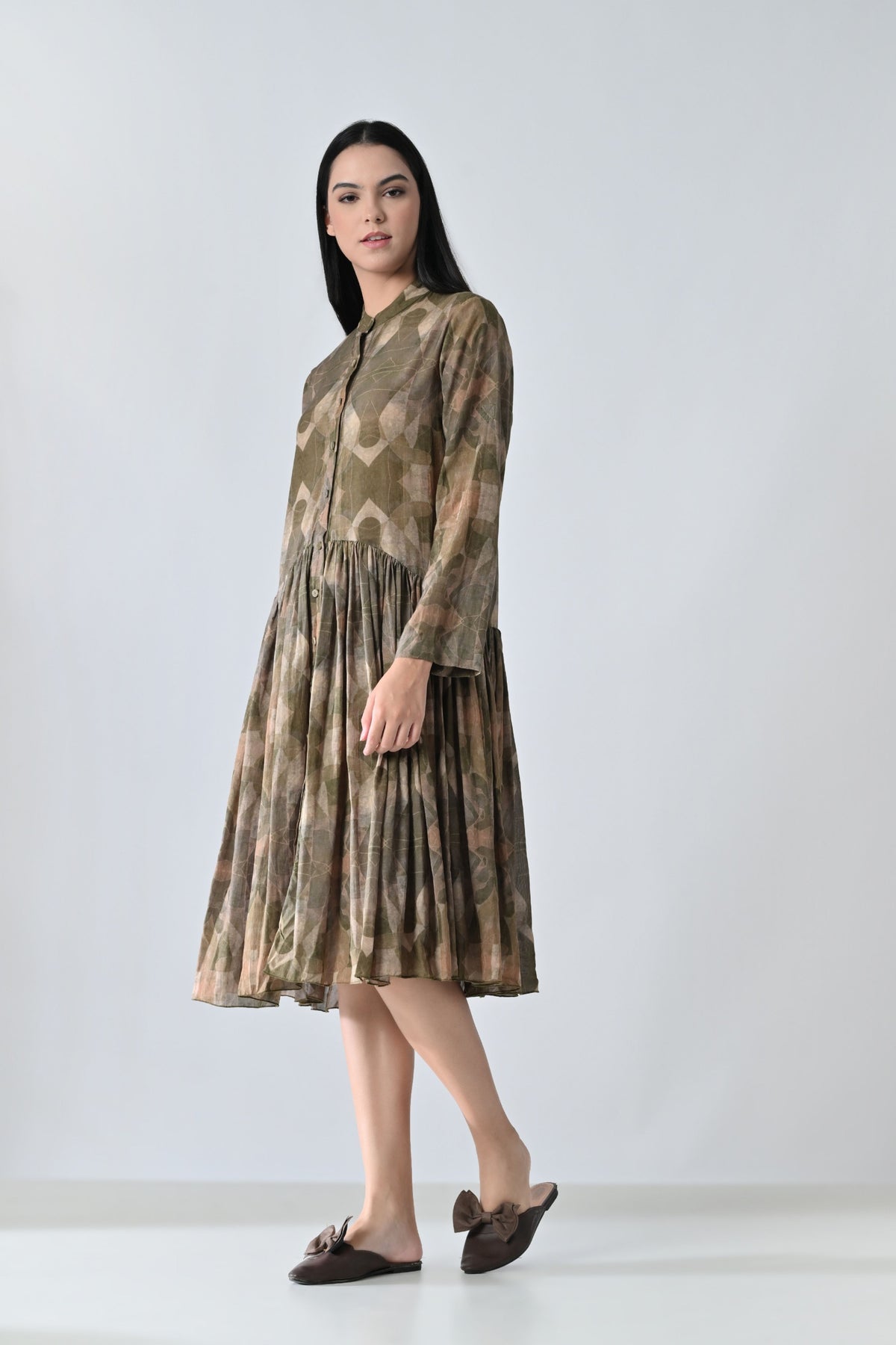 Beige Printed Pleated Dress