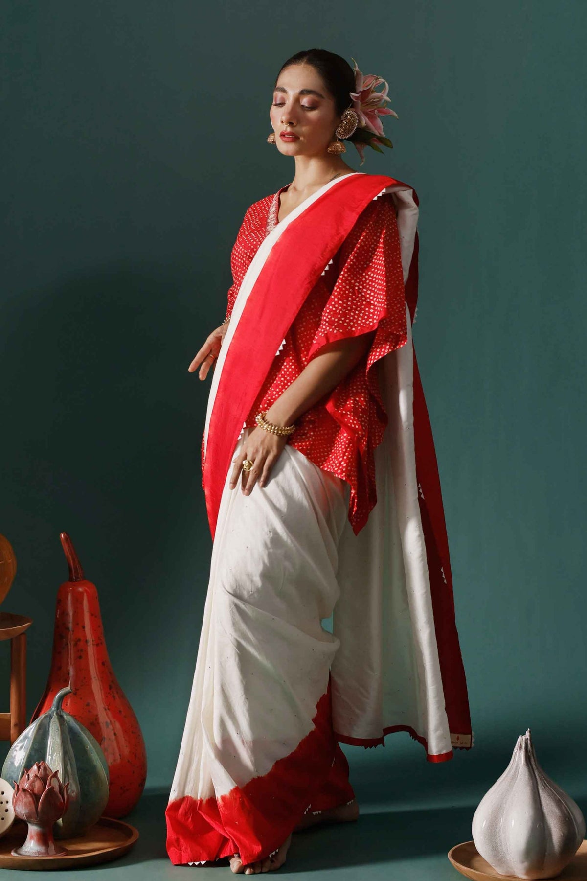 Red White Haze Saree Set