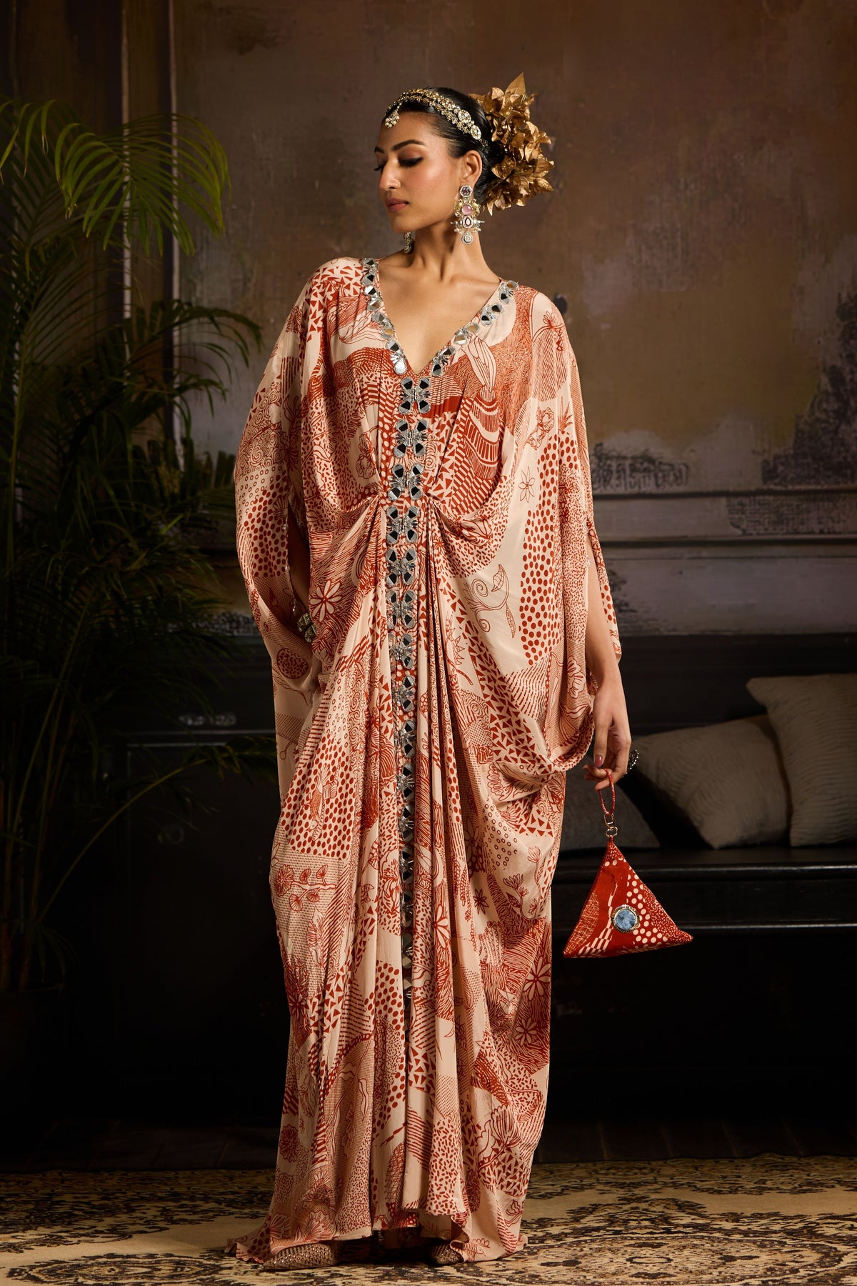 Beige and Rust Printed Kaftan