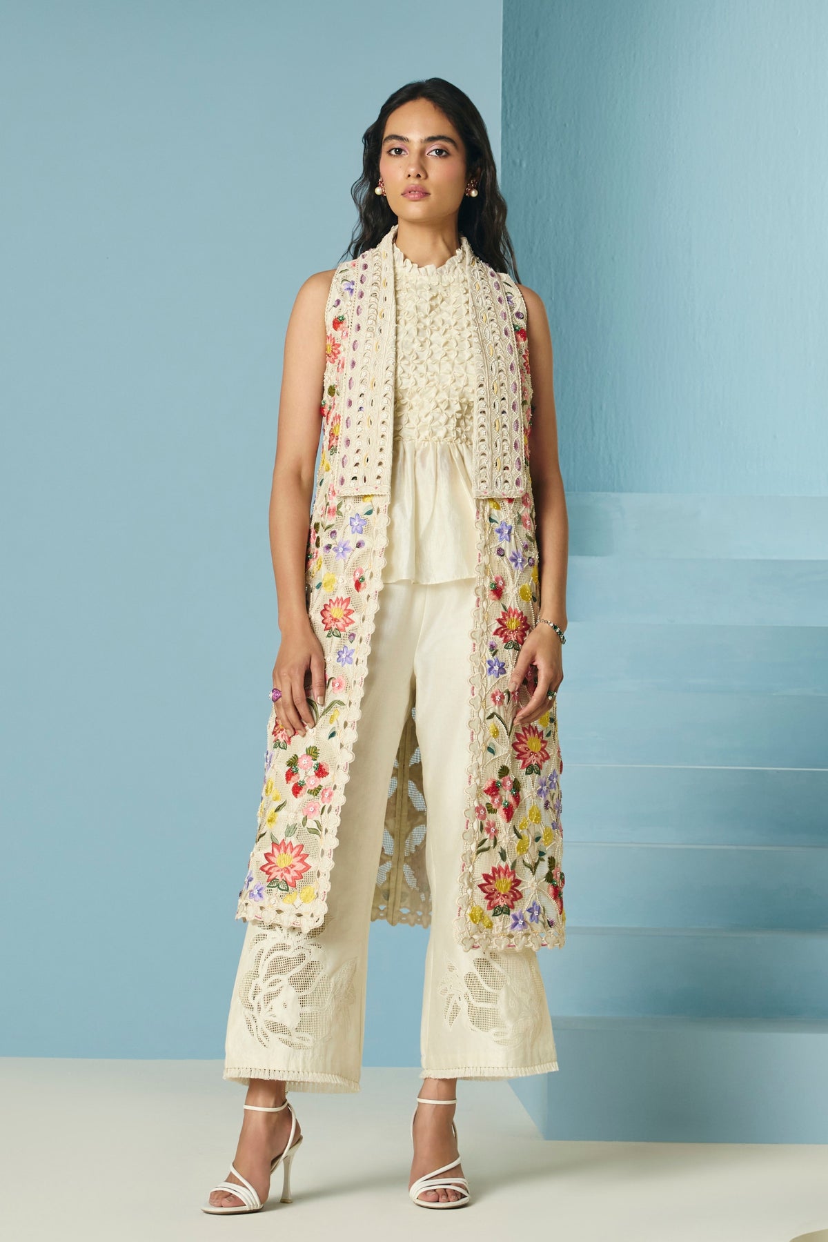 Ivory Checkered Applique Pants