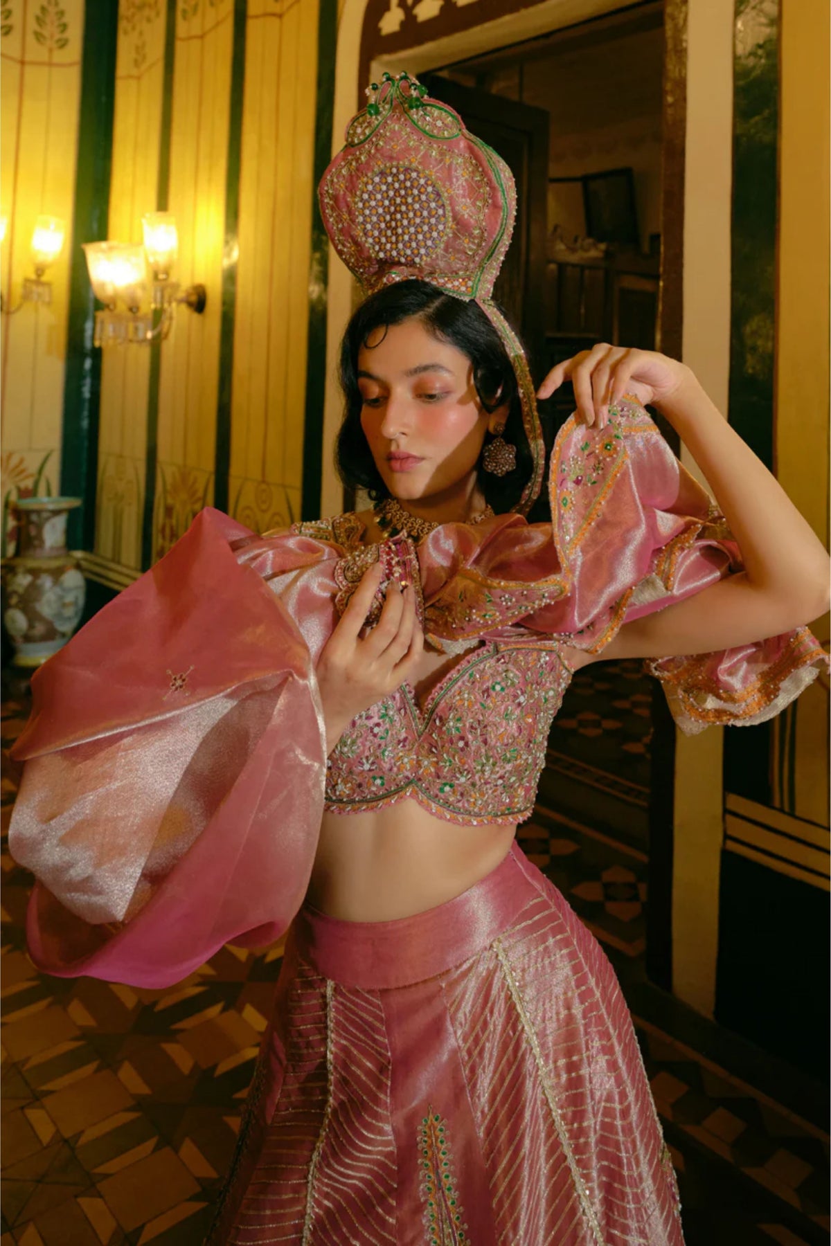 Pink  Tissue Lehenga Set