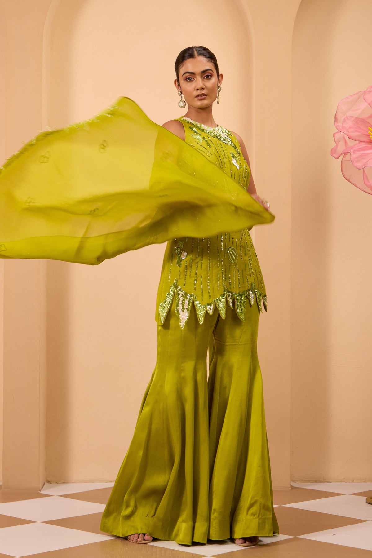 Green Heavy Embroidered Sharara Set